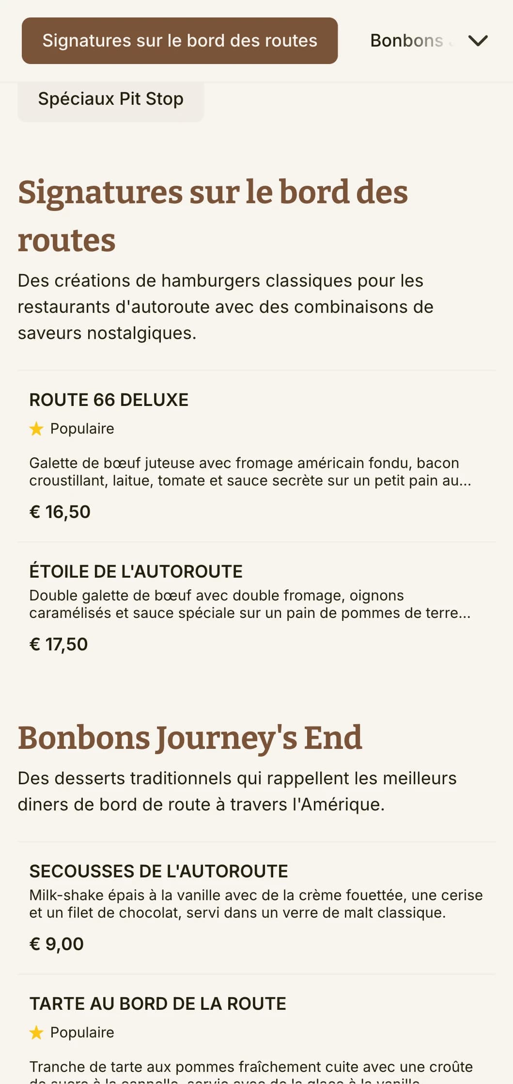 Un restaurant de hamburgers inspiré des autoroutes, avec des panneaux routiers d'époque et la nostalgie des roadtrips américains classiques.
