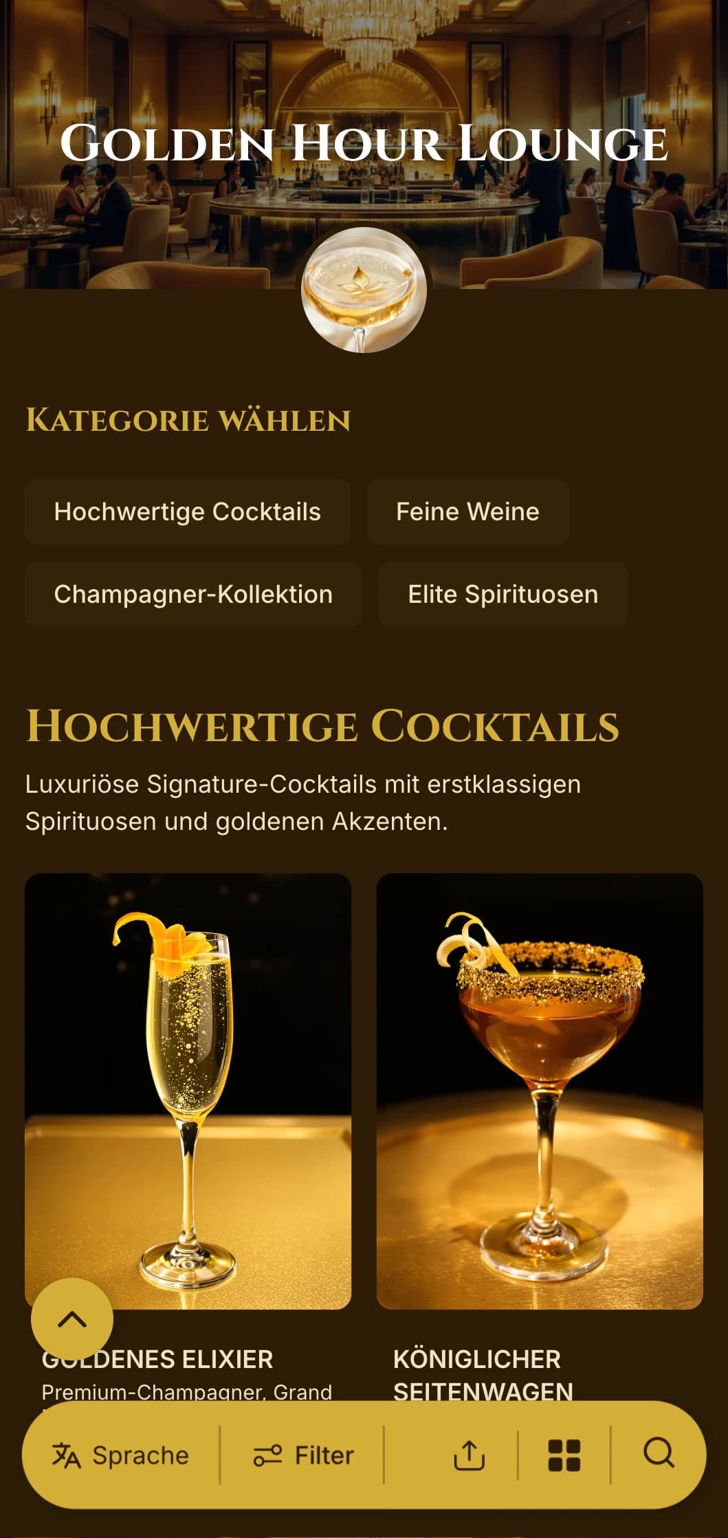 Luxuriöses goldfarbenes Design für hochwertige Cocktailbars und VIP-Lounges.