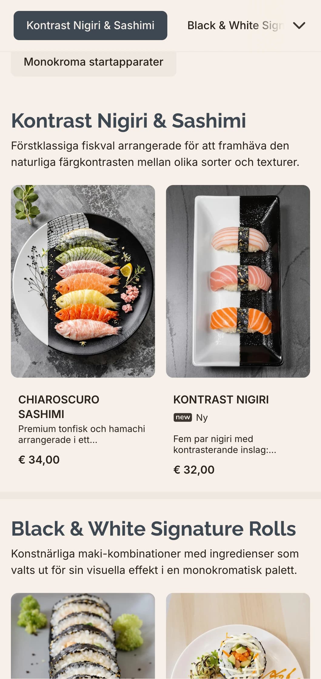 Sofistikerad svartvit sushimeny med subtila grå accenter, perfekt för moderna minimalistiska restauranger.