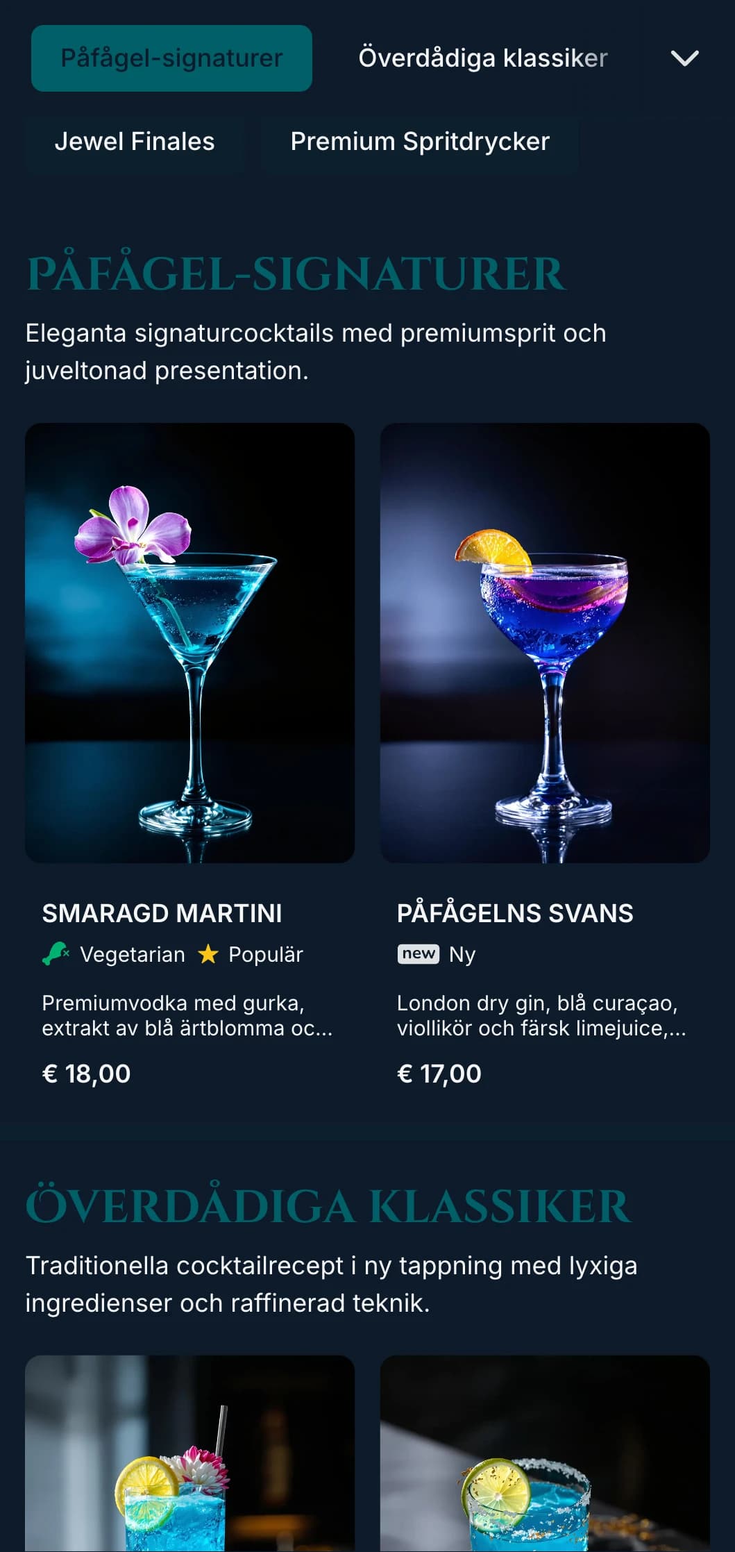En lyxig, juvelfärgad design för exklusiva cocktailbarer med påfågelblå och smaragdfärgade accenter och elegant typografi.