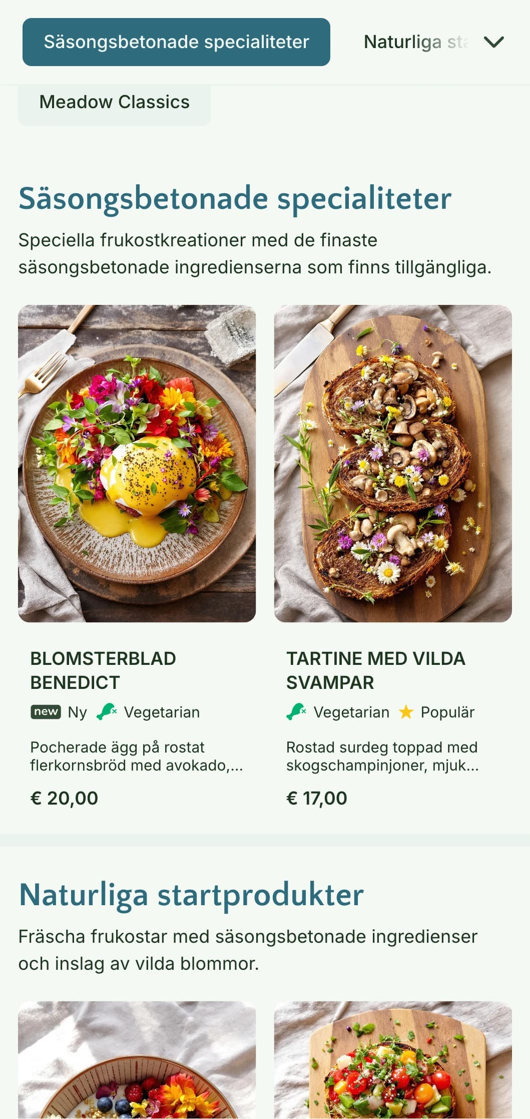 Naturinspirerad morgonmat med säsongsbetonade ingredienser och ekologisk presentation med botaniska influenser.