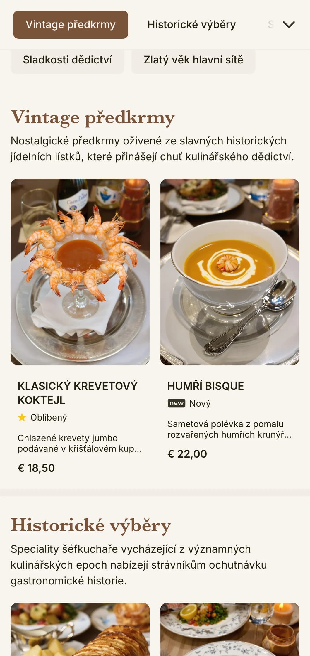 Nostalgický design poledního menu inspirovaný zlatým věkem s historickými odkazy a rafinovanými detaily, vhodný pro historické restaurace s bohatou tradicí.