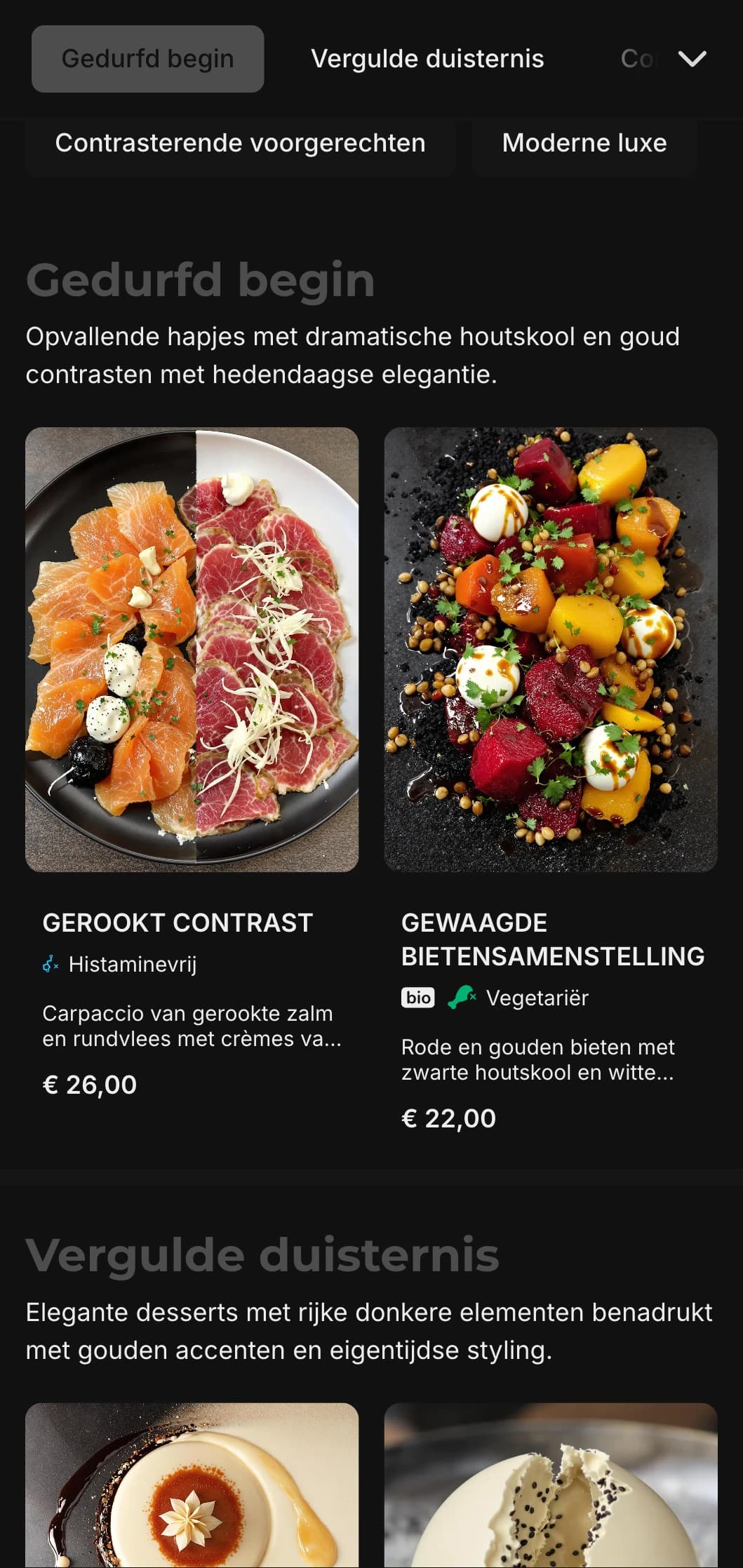 Gedurfd eigentijds concept dat diepe houtskooltinten combineert met luxe gouden accenten.