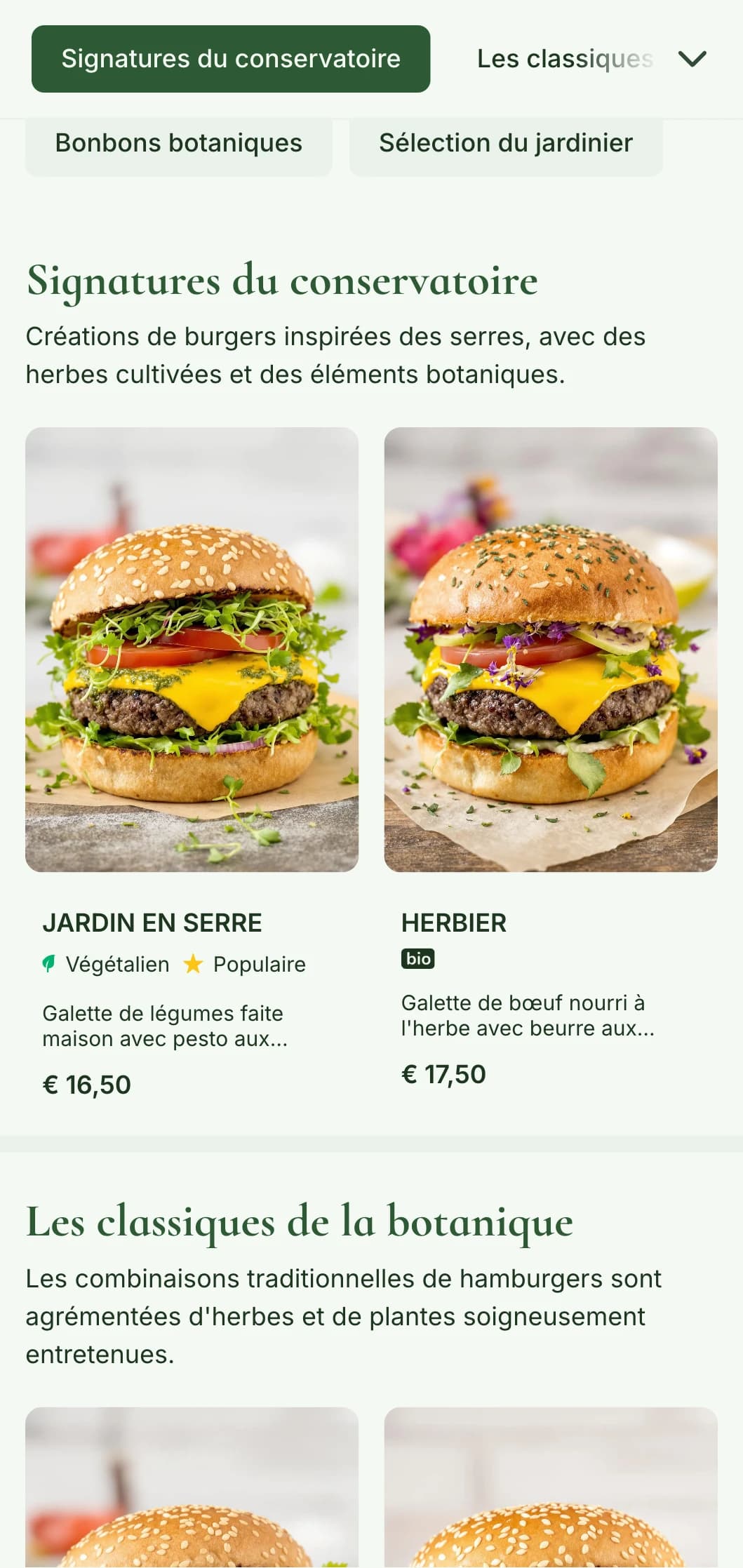 Jardin de burger axé sur les plantes, avec des éléments de serre et des illustrations botaniques.