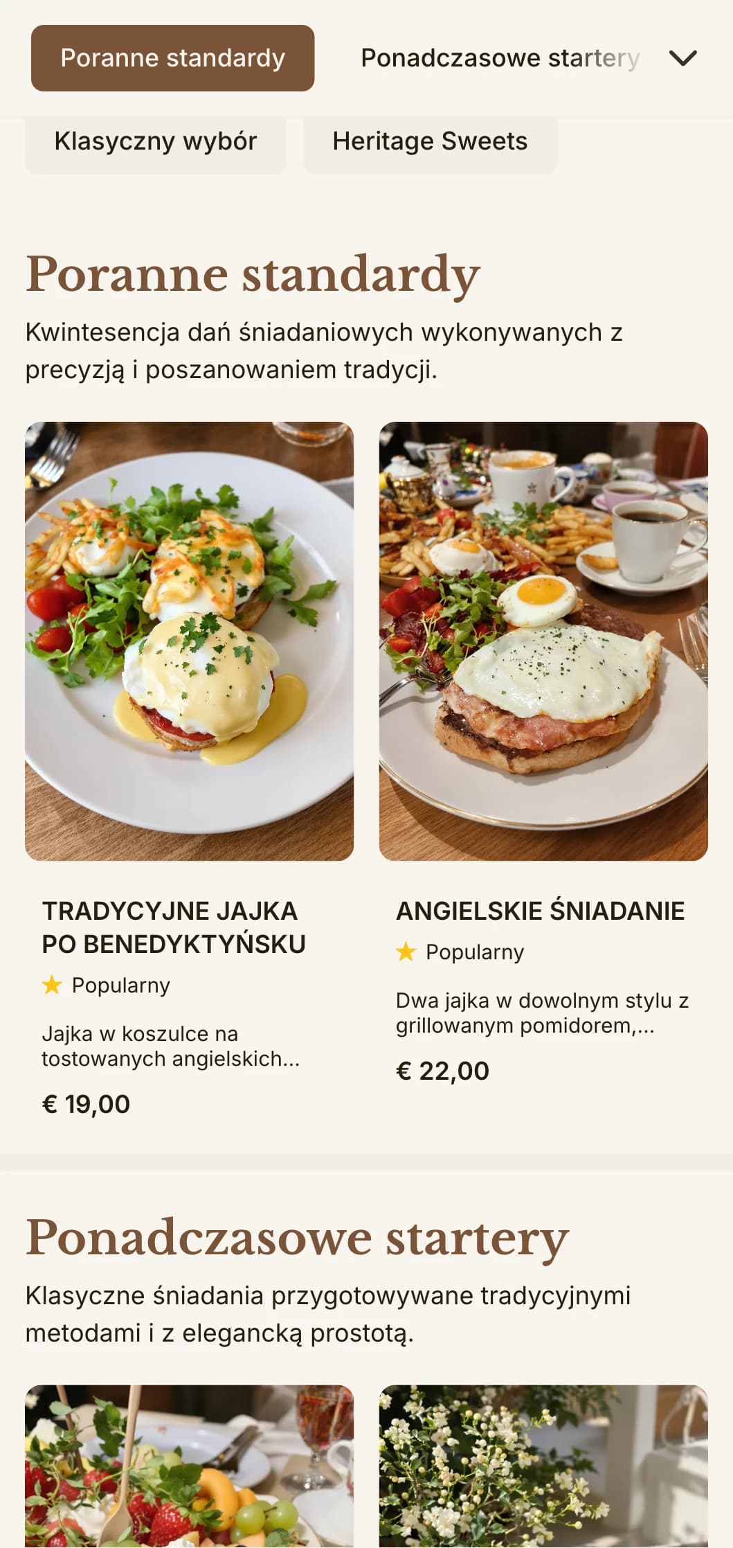 Ponadczasowe faworytki śniadaniowe przygotowane z precyzją i starannością, prezentowane w elegancki, tradycyjny sposób.