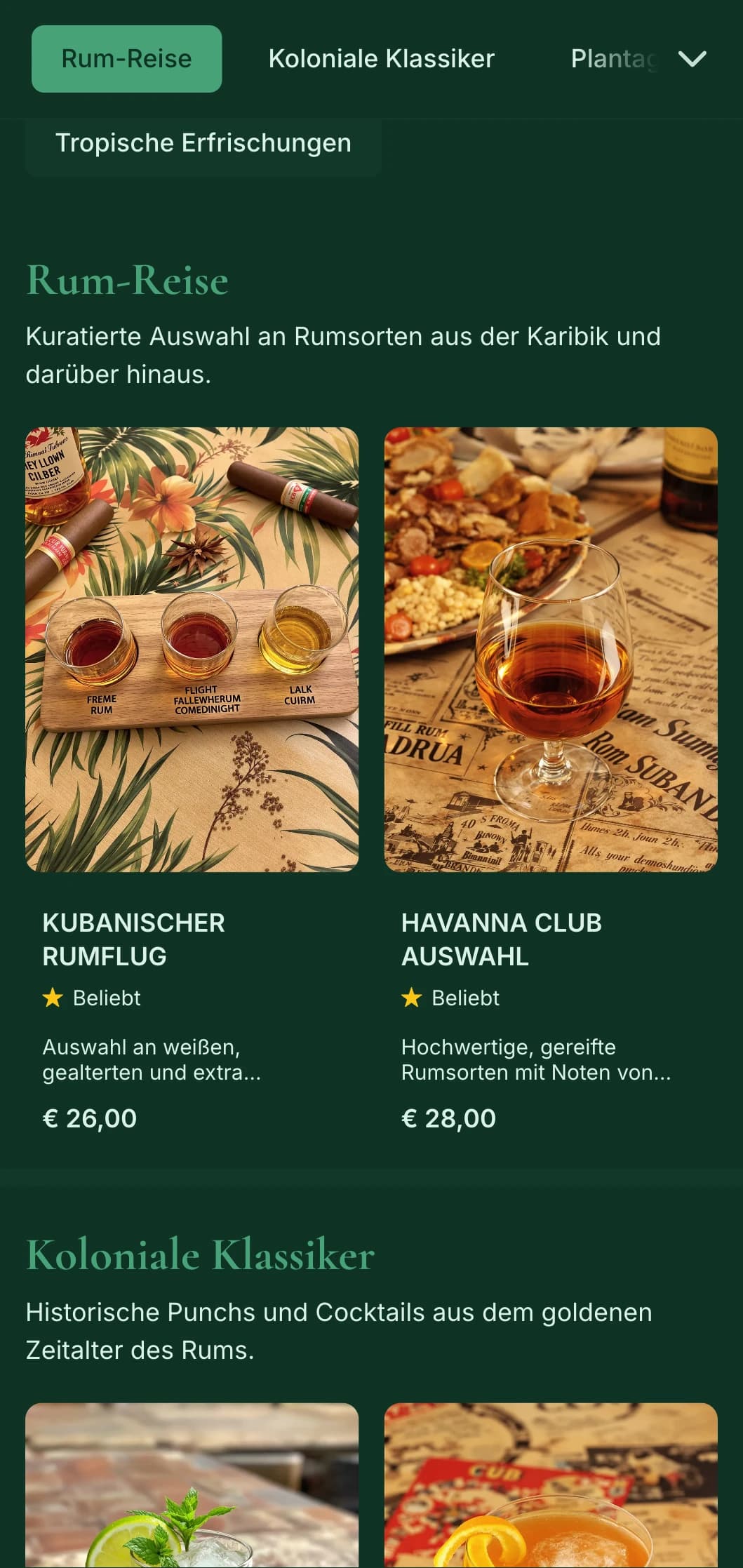 Sattes grünes Design mit historischen karibischen Elementen für Bars, die sich auf Rum spezialisiert haben.
