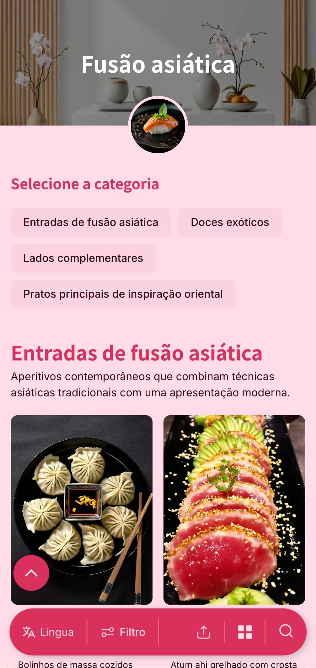 Serviço de bufê contemporâneo de inspiração asiática que combina técnicas tradicionais com apresentação moderna para eventos da moda e reuniões internacionais.