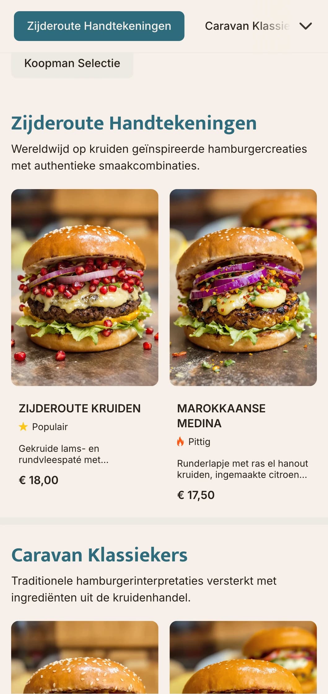 Op de kruidenhandel geïnspireerd hamburgermenu met wereldwijde smaakprofielen en historische verwijzingen.