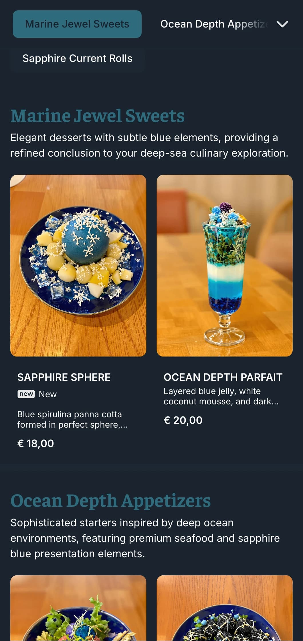 Deep blue ocean-inspired sushi menu featuring rich sapphire tones for premium seafood restaurants.