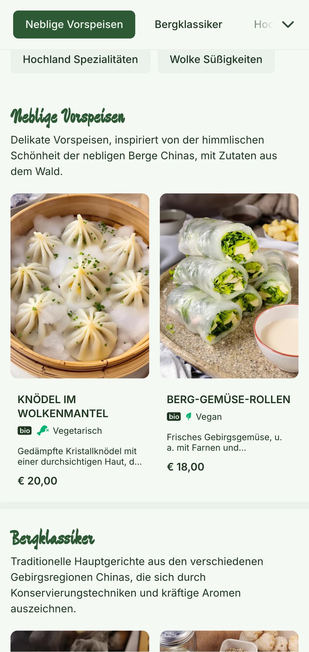 Gelassenes chinesisches Menüdesign, inspiriert von Berglandschaften und nebliger Ästhetik für Restaurants mit Schwerpunkt auf regionaler Küche.