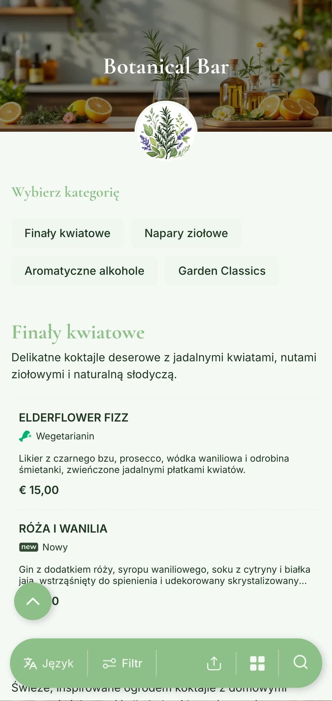 Świeże, inspirowane ogrodem menu dla barów specjalizujących się w koktajlach ziołowych i botanicznych.