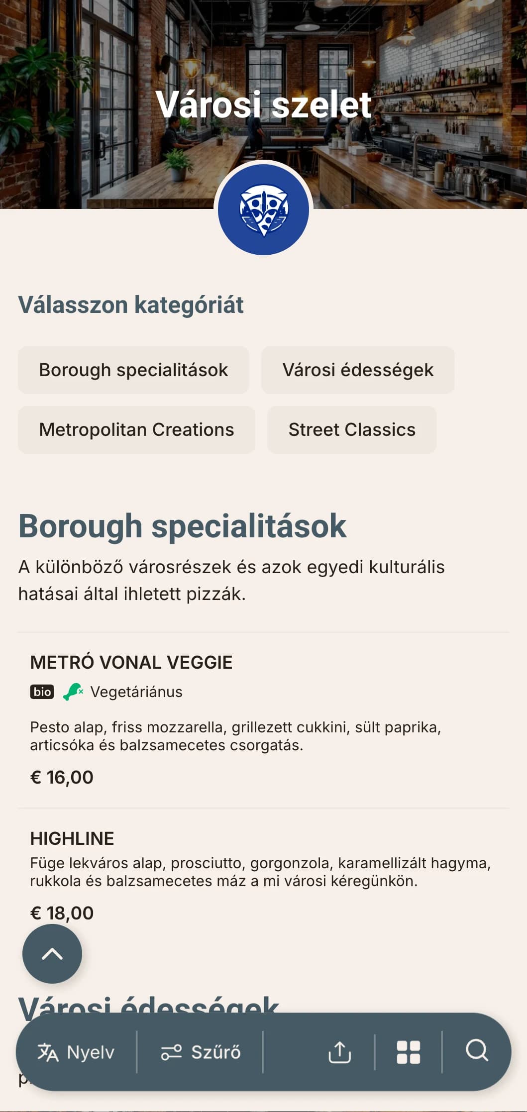 Városi kortárs pizzamenü ipari dizájnelemekkel, tökéletes a belvárosi pizzériák számára.