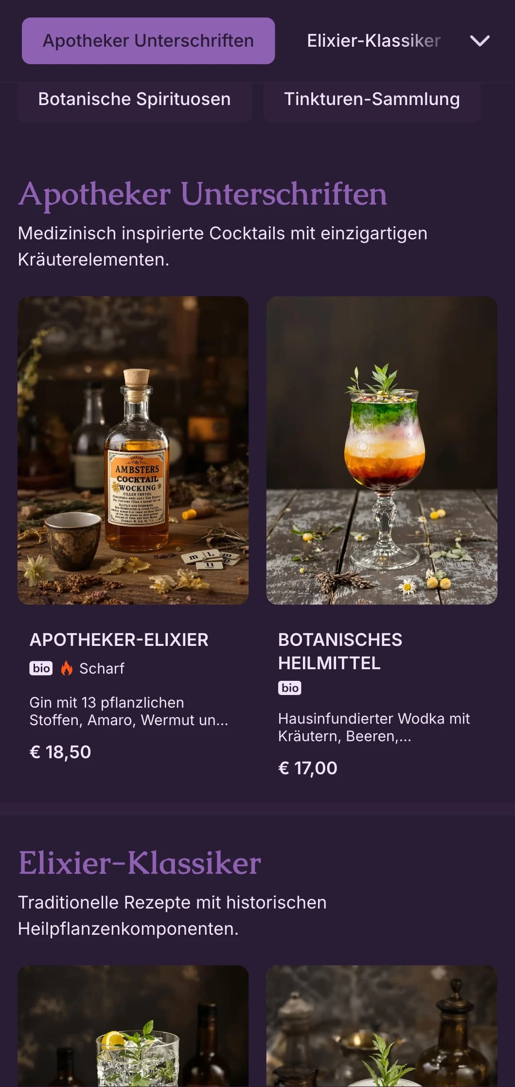 Mysteriöses lila Design mit botanischen Illustrationen für handwerkliche Cocktail-Labors.