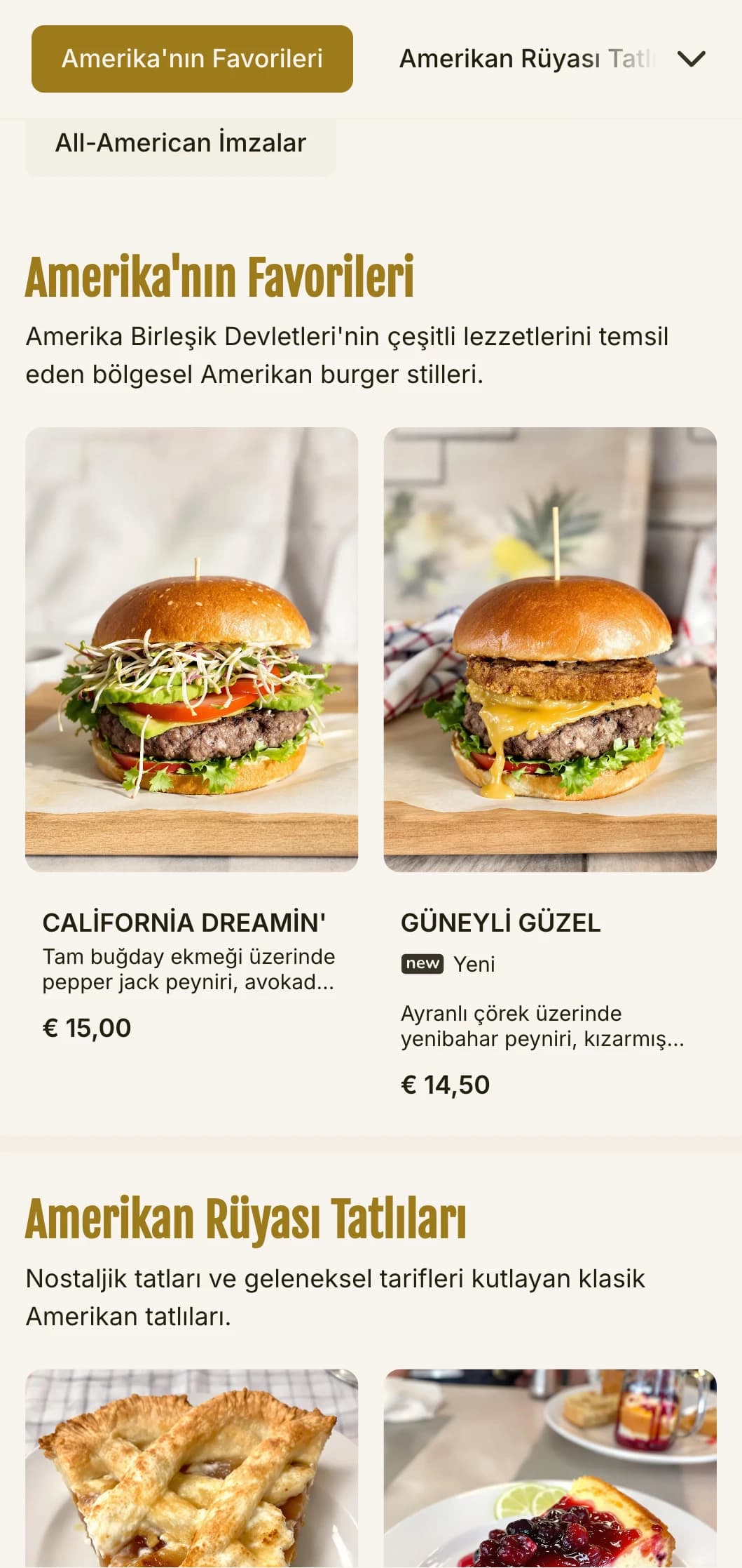 Kırmızı, beyaz ve mavi vurgulara ve nostaljik lokanta unsurlarına sahip klasik Amerikan hamburgercisi.