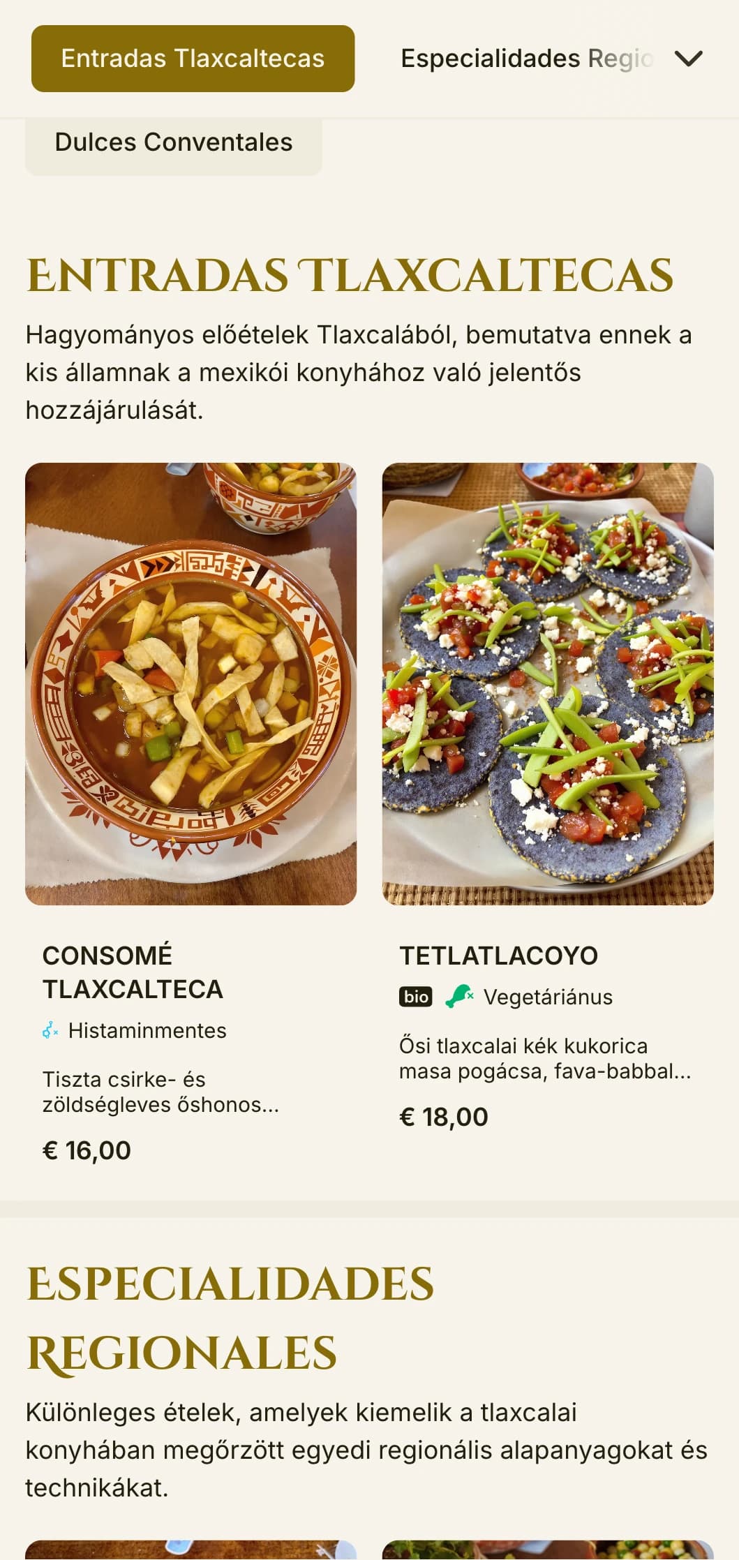 Elegáns és történelmi menü, amely Tlaxcala kulináris hagyományait ünnepli, aranyszínű hangsúlyokkal, pre-hispán hatásokkal és regionális specialitásokkal.