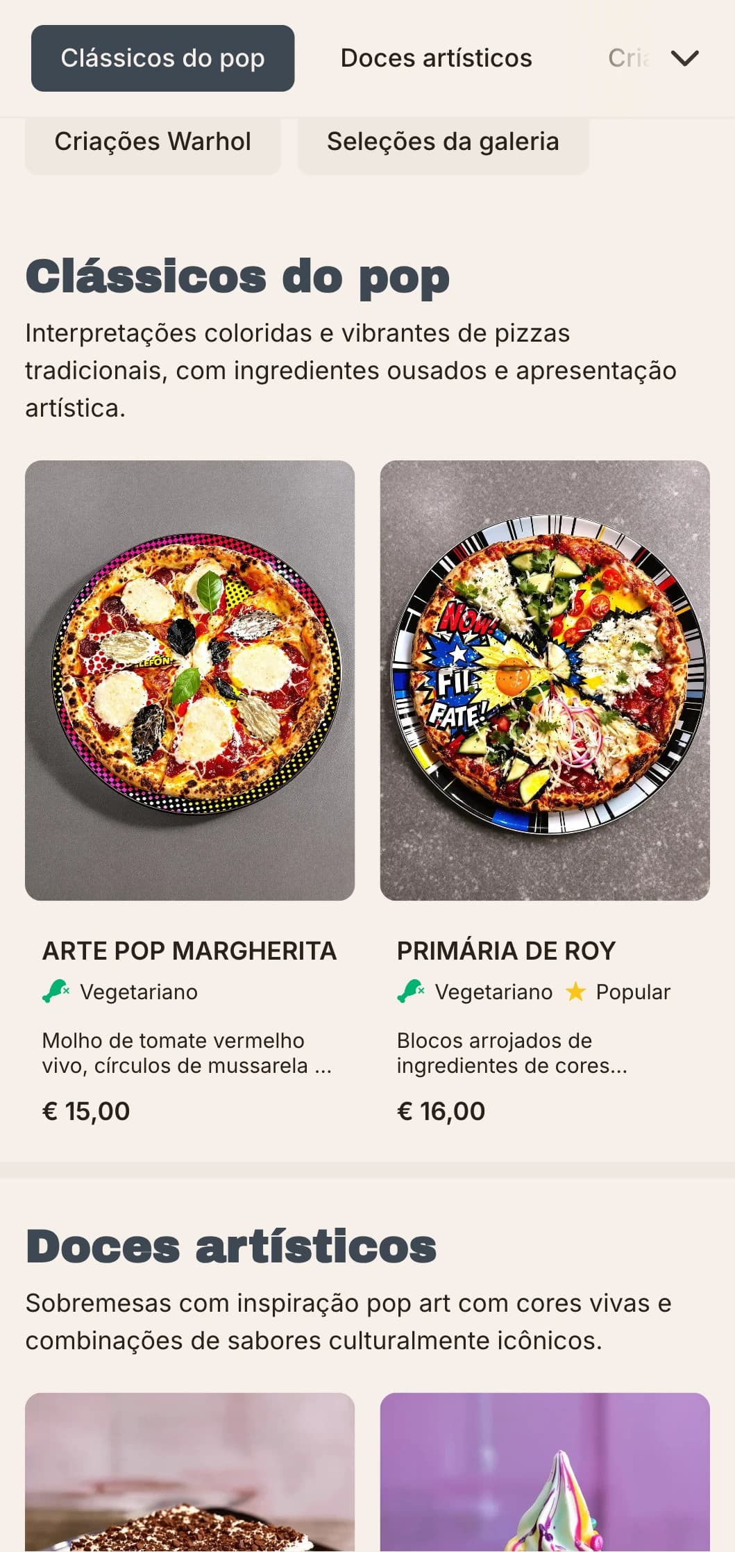 Cardápio de pizza inspirado em Andy Warhol com elementos de pop art e estética retrô-moderna.