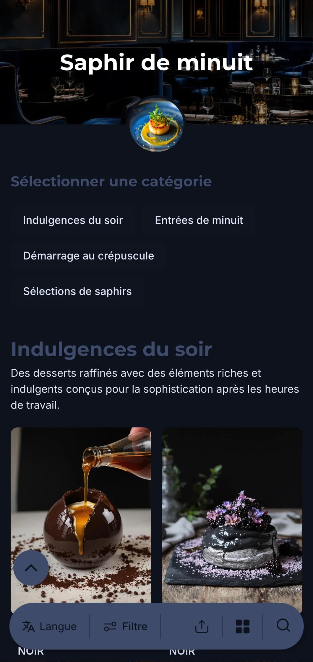 Un concept sophistiqué de restauration après les heures de travail, avec des tons bleus profonds et des éléments de luxe subtils pour une expérience culinaire immersive.