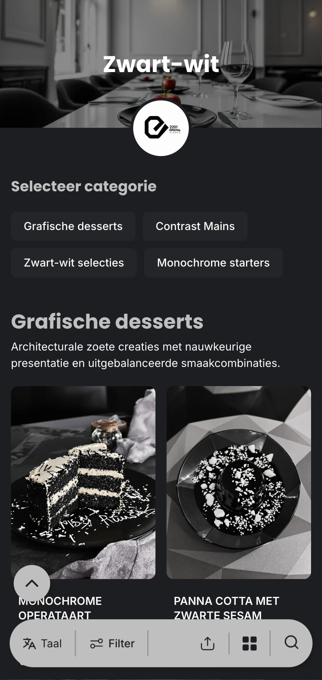 Een verfijnde zwart-wit dinerkaart met krachtige typografie en strakke lijnen, ontworpen voor eigentijds dineren.