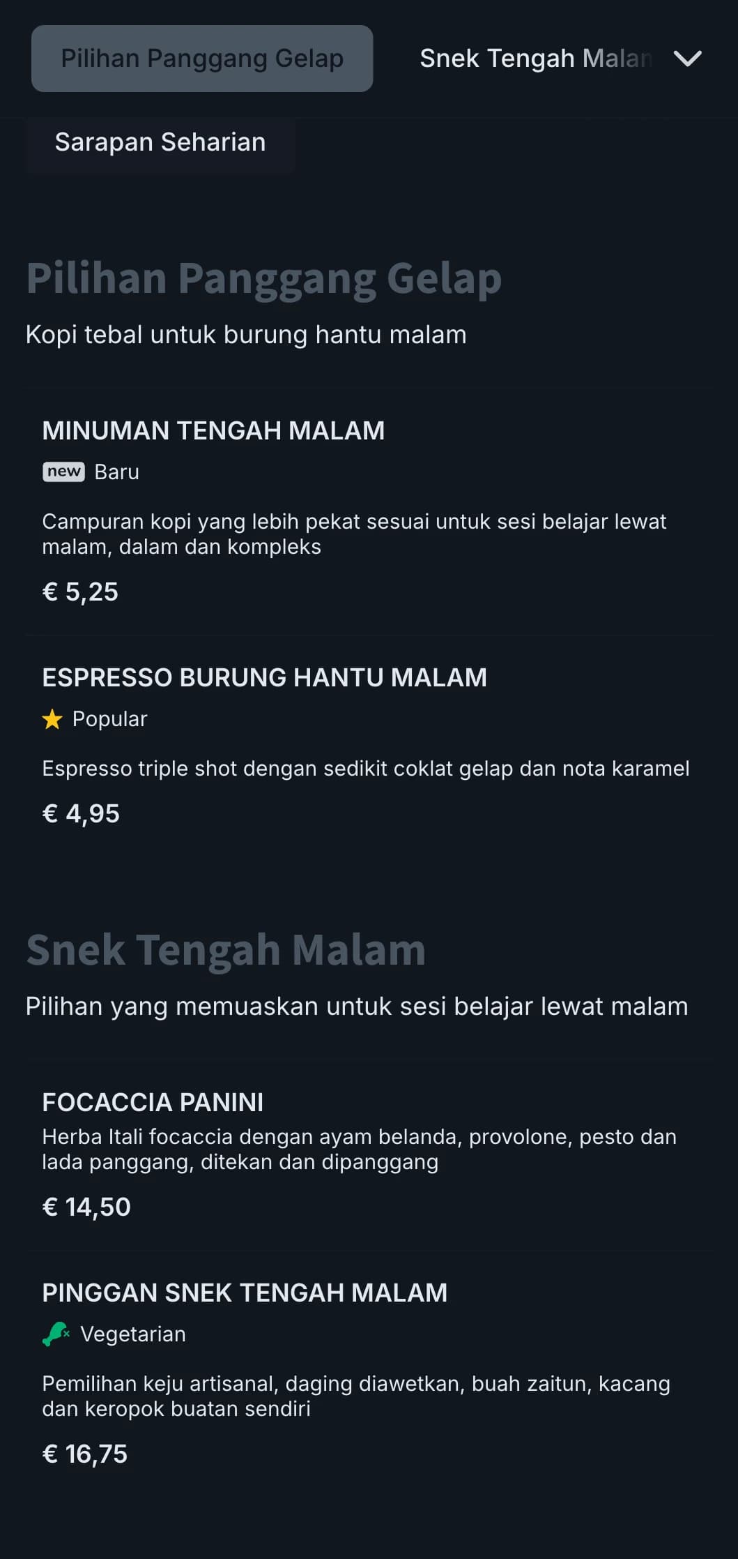 Warna biru tua dan kelabu untuk kafe belajar larut malam dan kedai kopi 24 jam.