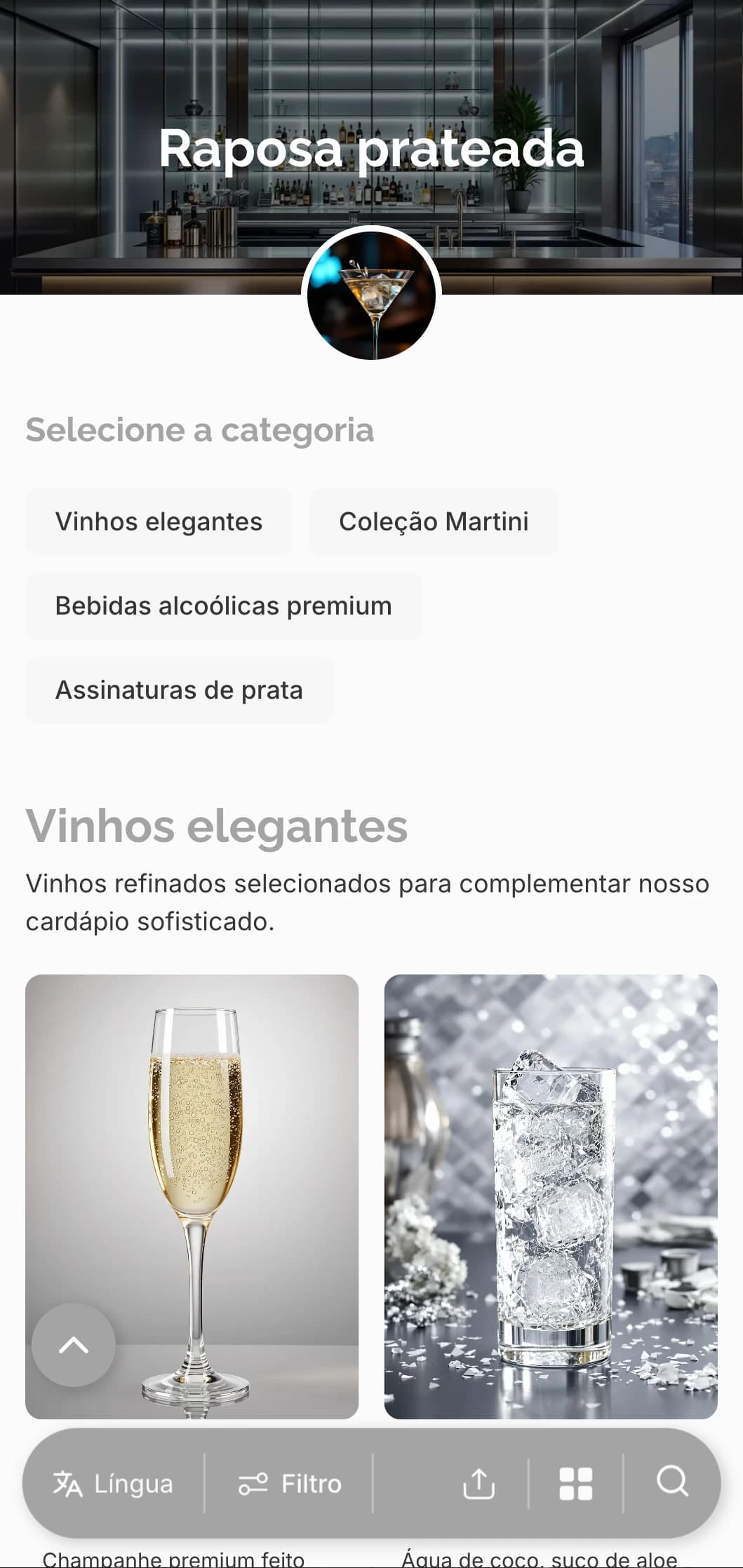 Design cinza-prateado descolado para bares de martini e lounges sofisticados.