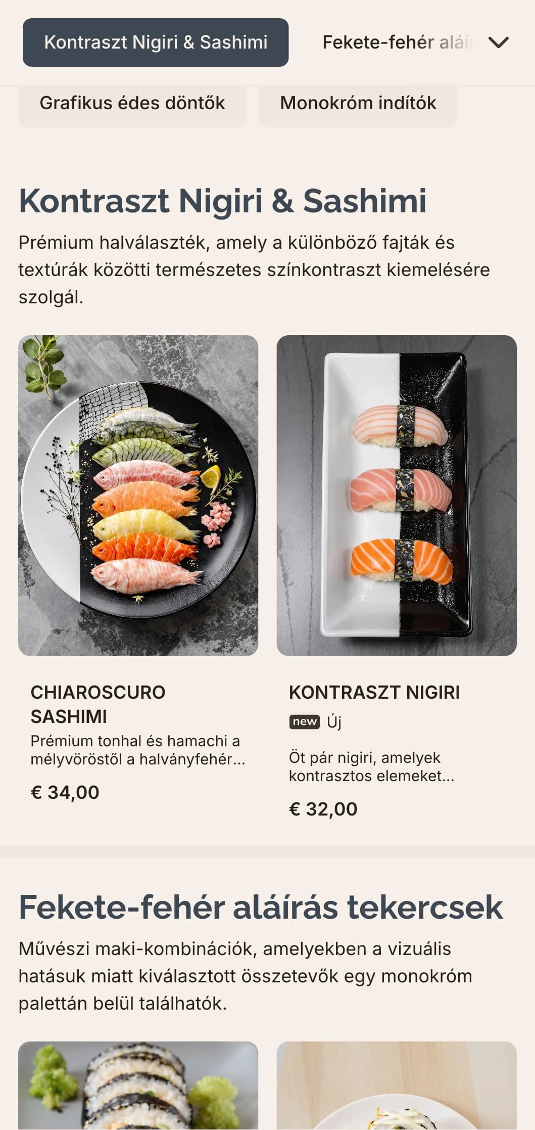 Kifinomult fekete-fehér sushi menü finom szürke akcentusokkal, tökéletes a kortárs minimalista éttermek számára.