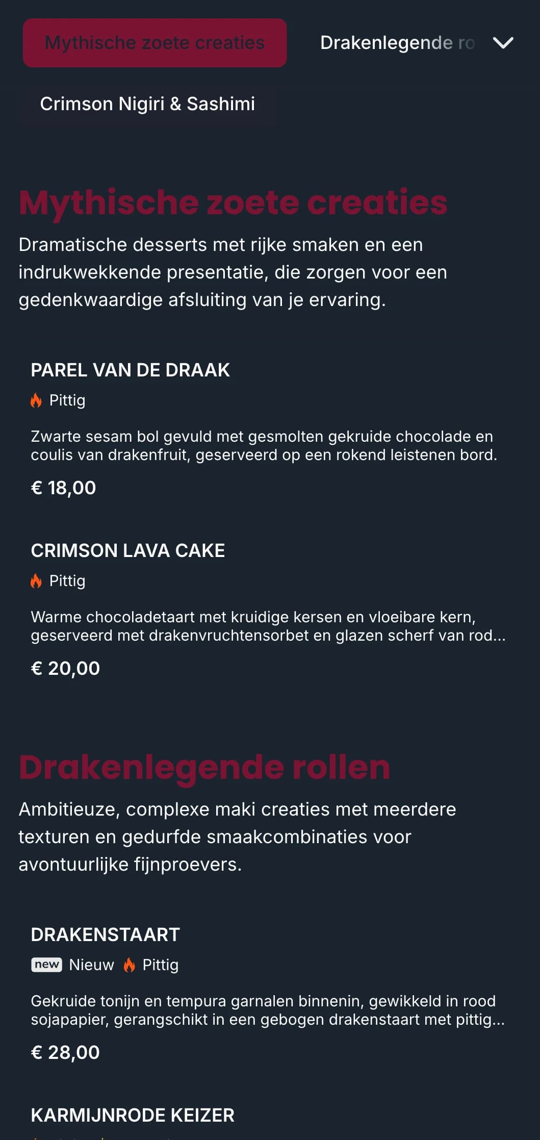 Gedurfd, dramatisch sushi-menu met rijke rode tinten geïnspireerd op de traditionele Japanse drakenmythologie.