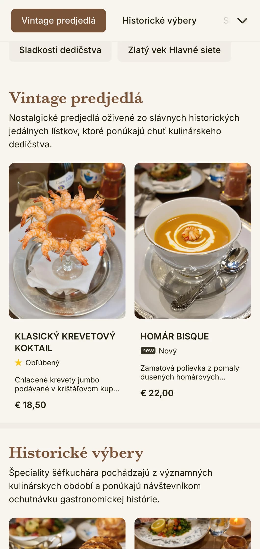 Nostalgický dizajn obedového menu inšpirovaný zlatým vekom s historickými odkazmi a rafinovanými detailmi, vhodný pre historické reštaurácie s bohatou tradíciou.