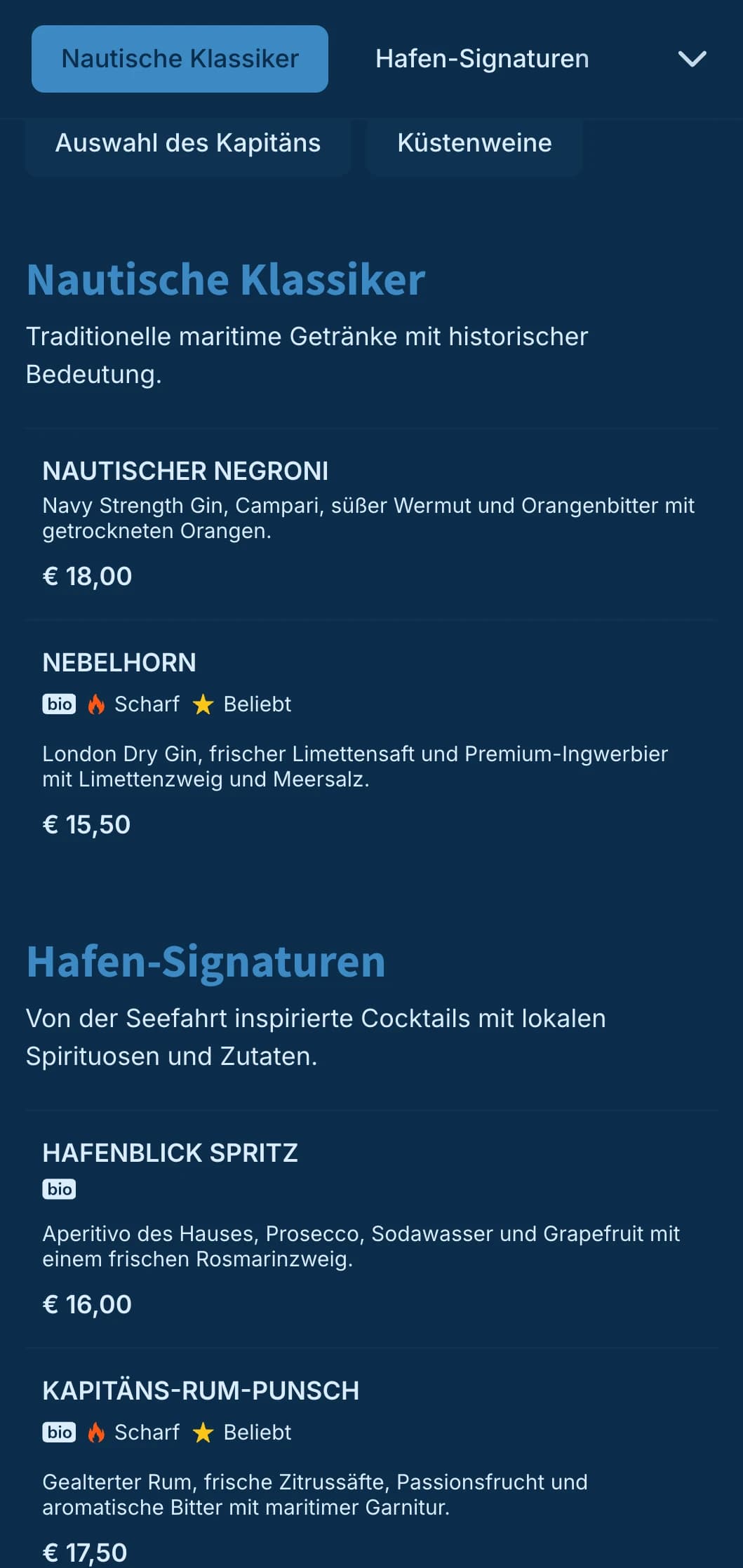 Nautisches blaues Design mit subtilen maritimen Elementen für Cocktailbars am Wasser.