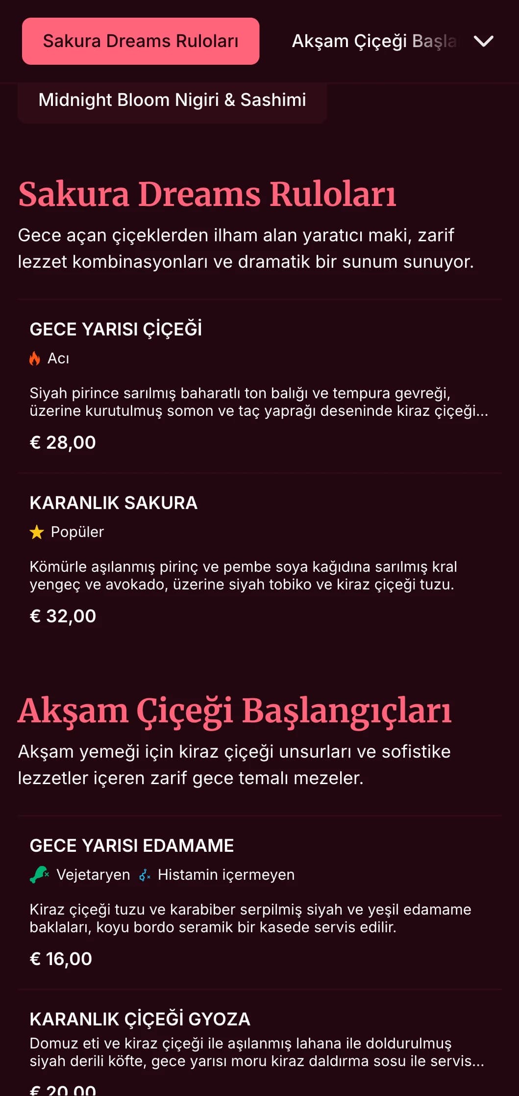 Lüks bir yemek için koyu bordoya karşı dramatik kiraz çiçeği motifleriyle zarif bir akşam suşi deneyimi.