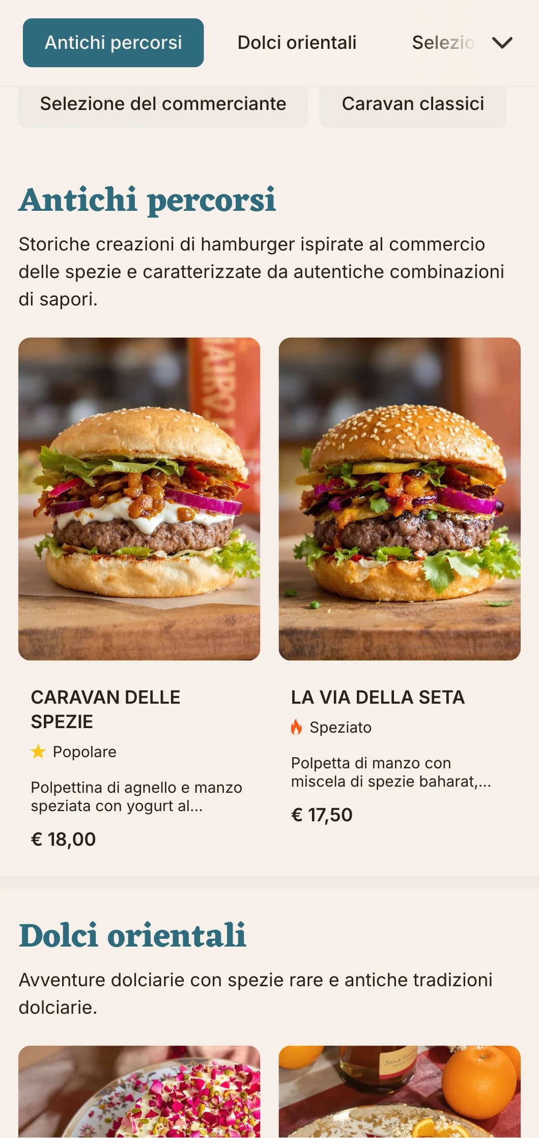 Menu di hamburger ispirato alle antiche rotte commerciali con combinazioni di sapori storici.