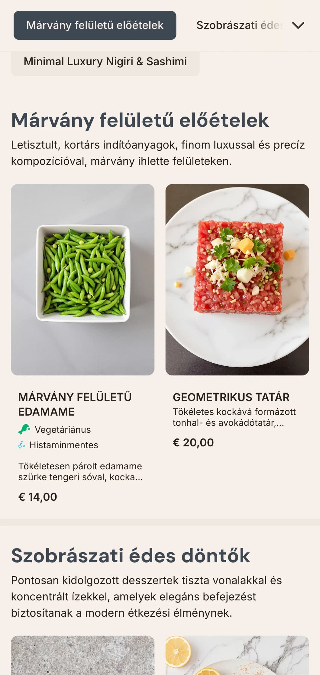 Luxus kortárs sushi menü, finom márvány textúrákkal és letisztult minimalista dizájnnal.