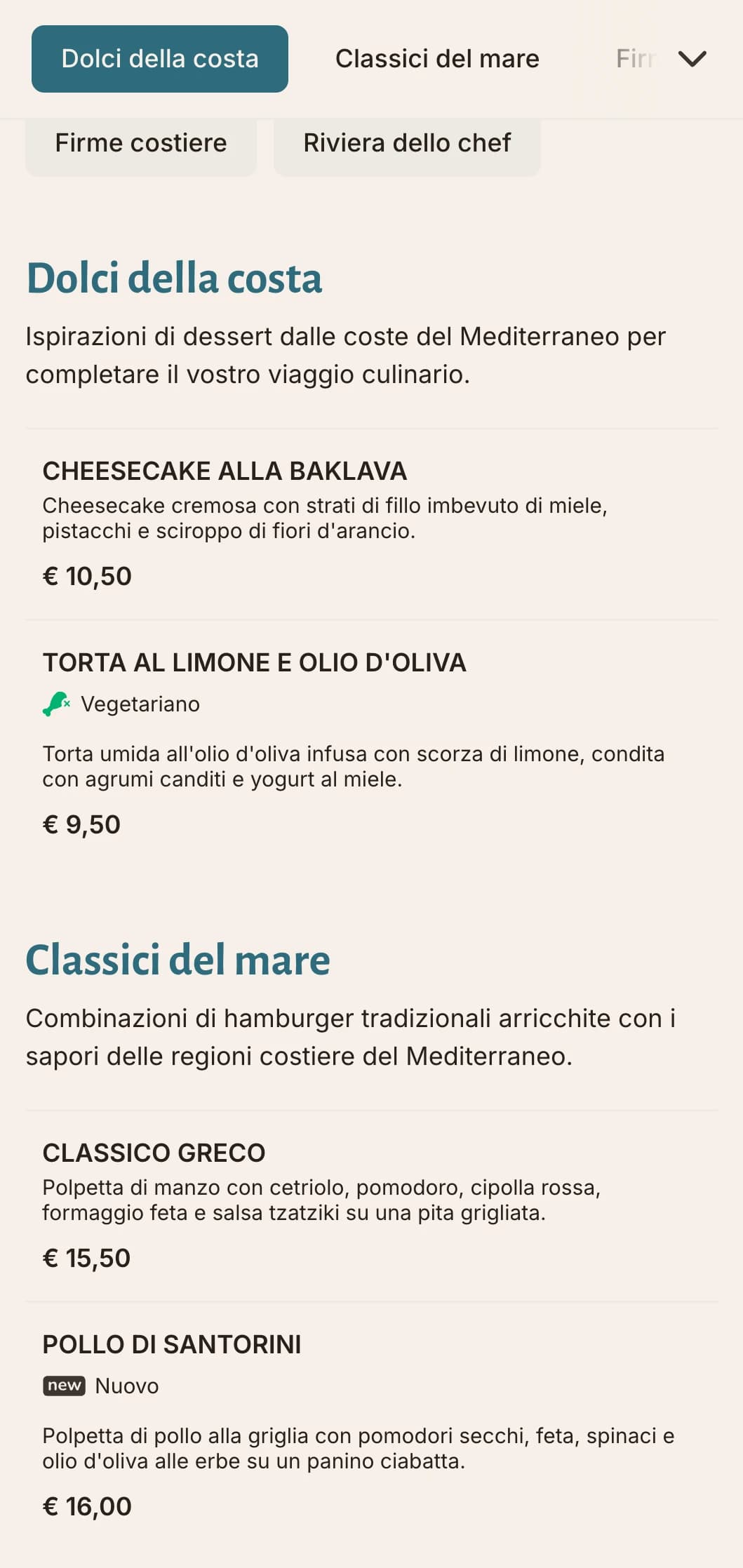 Menu di hamburger di ispirazione costiera con accenti blu mediterranei e ingredienti freschi.