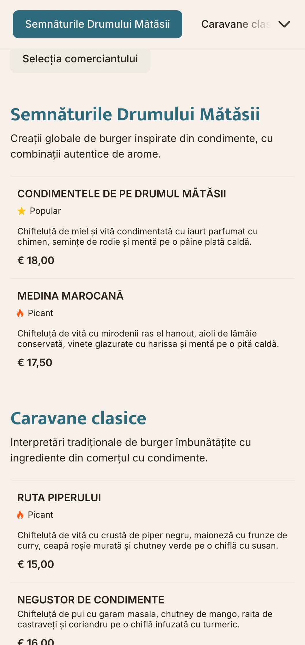 Meniu de burger inspirat din comerțul cu mirodenii, cu profiluri de arome globale și referințe istorice.