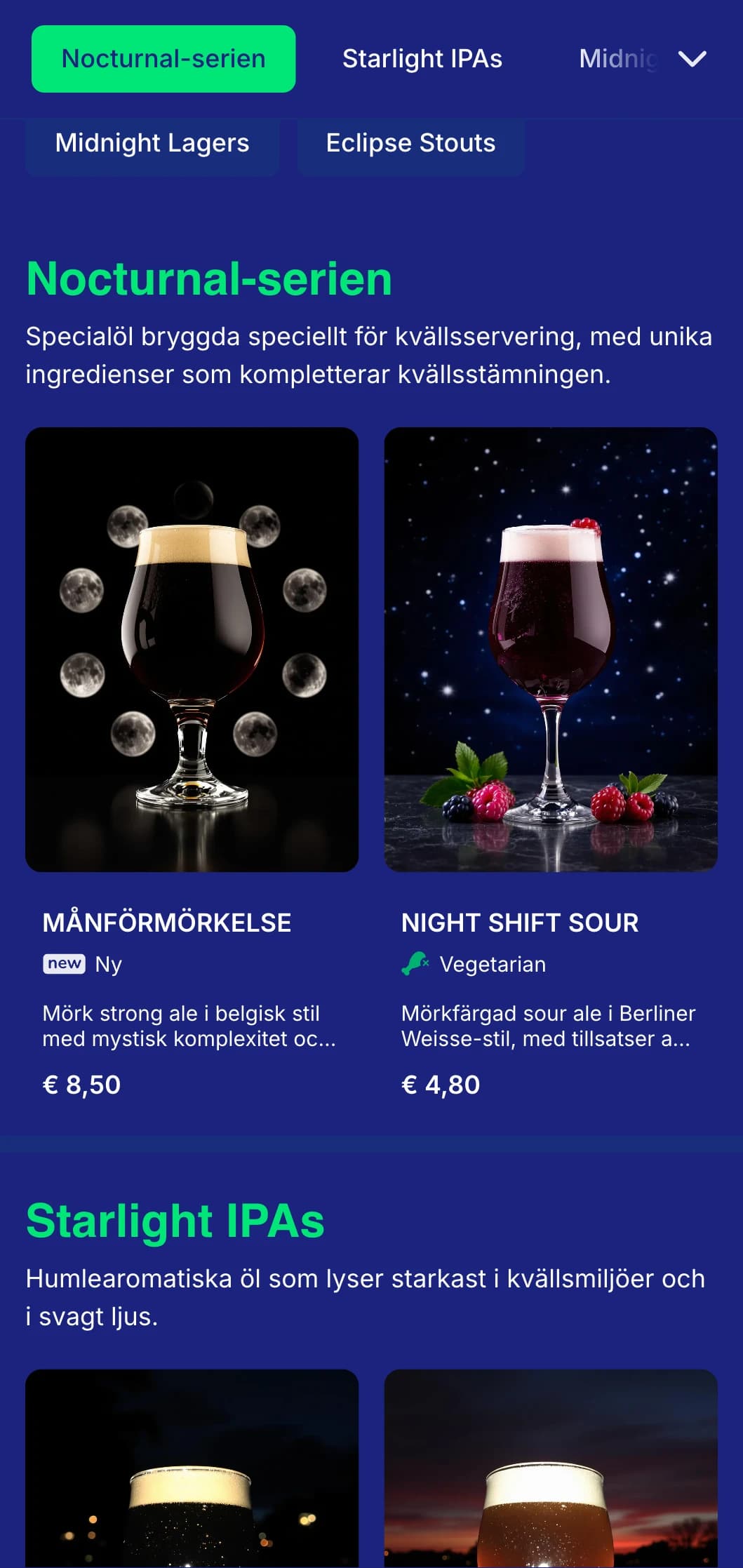 Mörk och mystisk design med midnattsblå toner och månelement, perfekt för kvällsfokuserade etablissemang och nattbryggerier.
