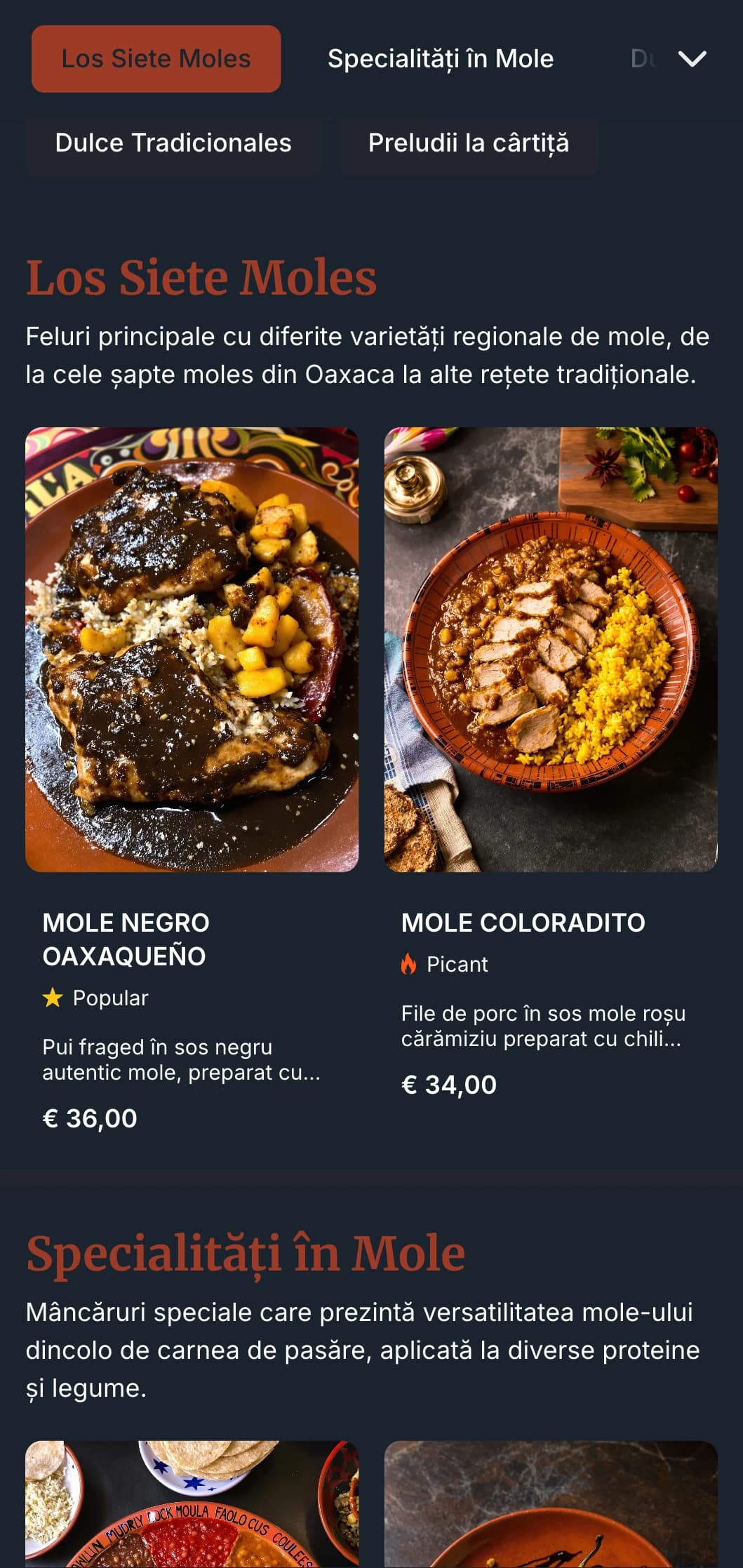 Meniu bogat și complex care prezintă diversele sosuri mole din Mexic, cu tonuri profunde de teracotă, preparate tradiționale și variații regionale.