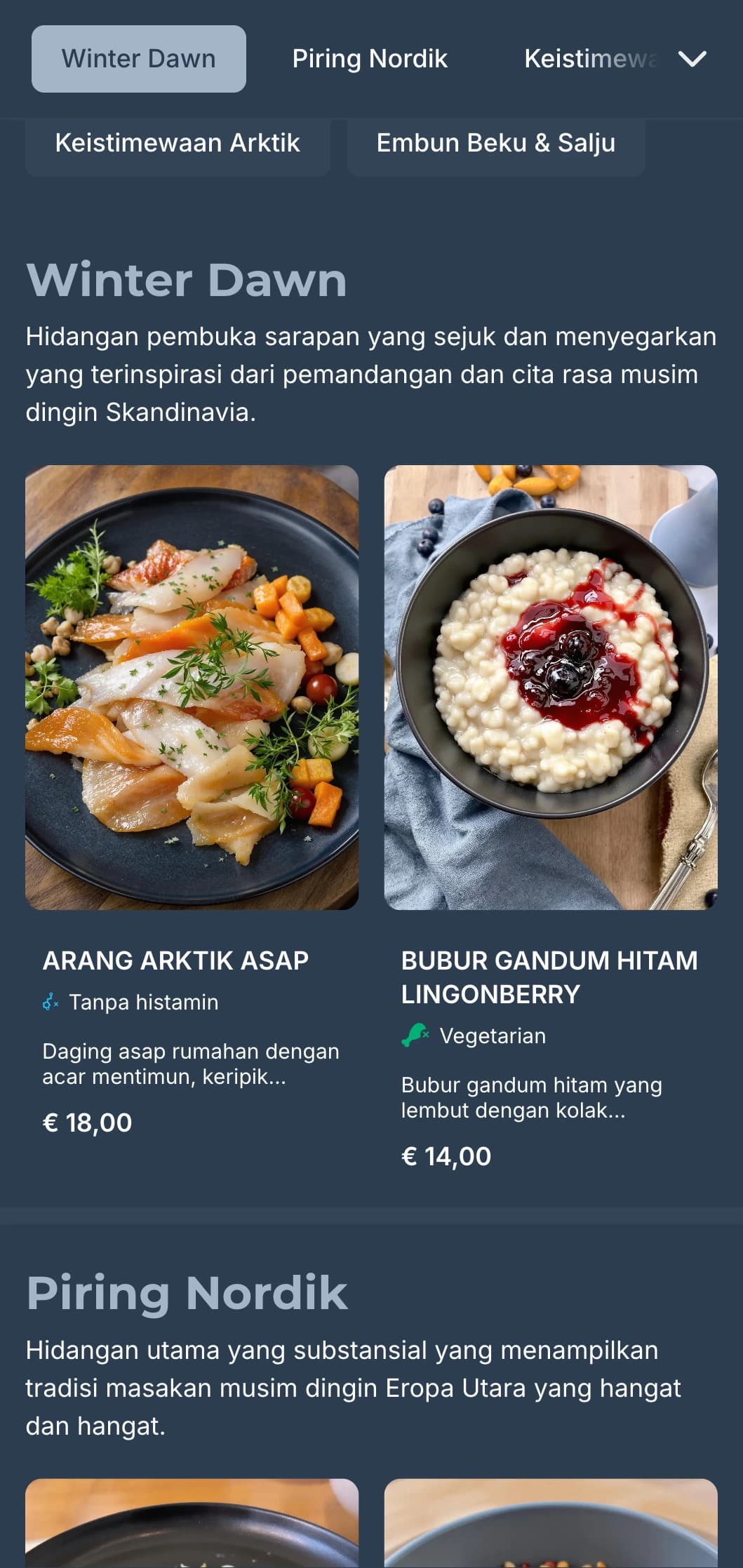 Templat biru tua dengan aksen keren, terinspirasi dari estetika musim dingin Skandinavia untuk kafe kontemporer.