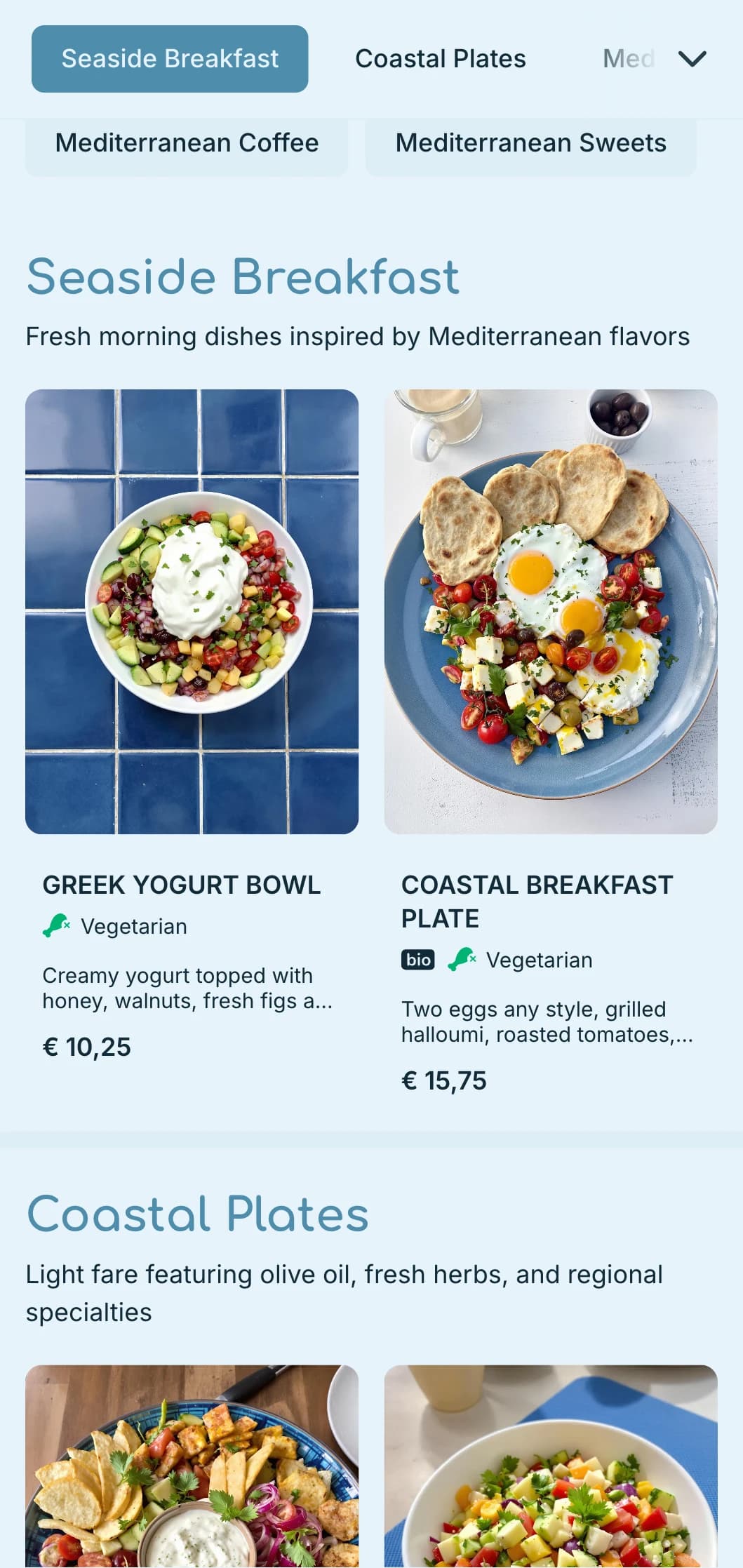 Refreshing blue palette inspired by Mediterranean waters for seaside cafes and bistros.