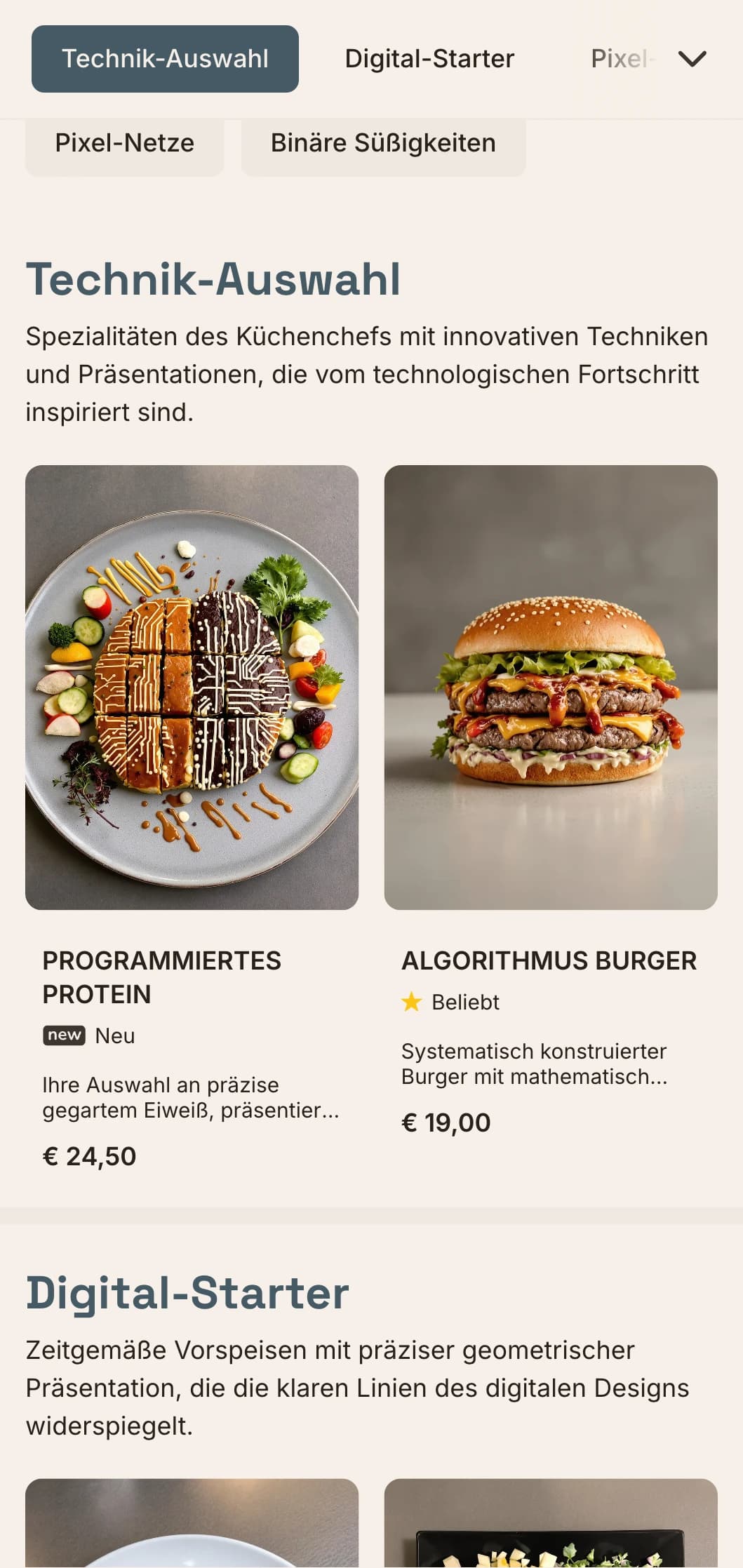 Digital inspiriertes Design für Mittagsmenüs mit technischer Ästhetik und präzisem Rasterlayout, perfekt für Restaurants in Innovationsvierteln und in der Nähe von Technologieunternehmen.