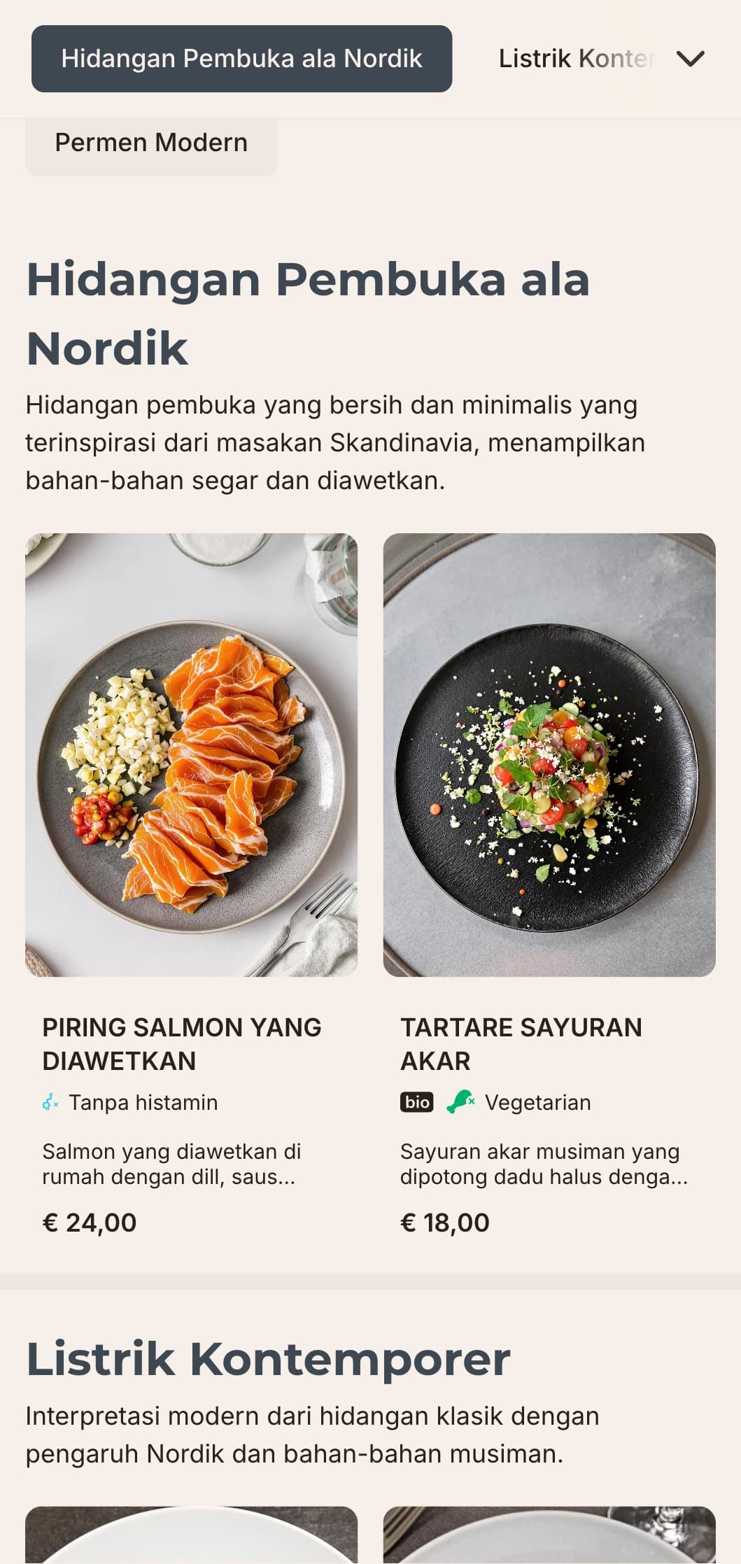 Desain menu makan malam yang bersih dan minimalis dengan pengaruh Skandinavia, menampilkan ruang putih yang luas dan elemen geometris, ideal untuk tempat makan kontemporer.