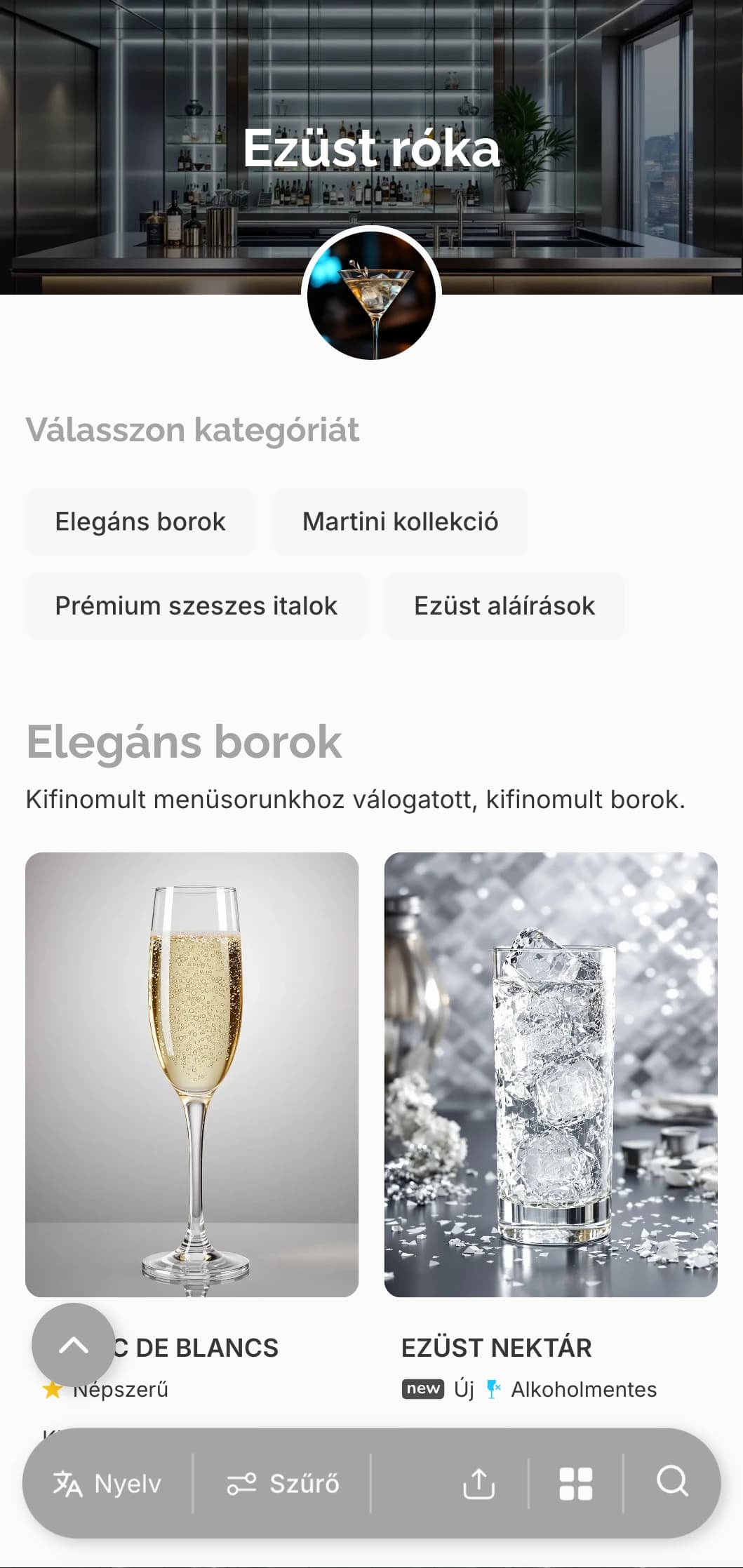 Menő ezüstszürke dizájn előkelő martinibárok és társalgók számára.