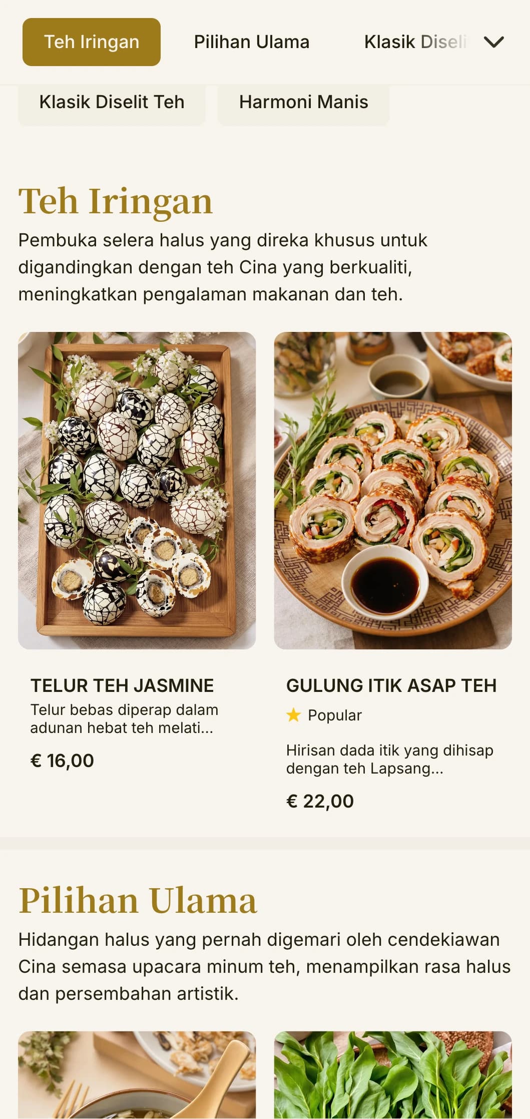 Reka bentuk menu Cina halus yang diilhamkan oleh upacara minum teh tradisional, dengan tipografi elegan dan elemen klasik untuk gandingan teh.
