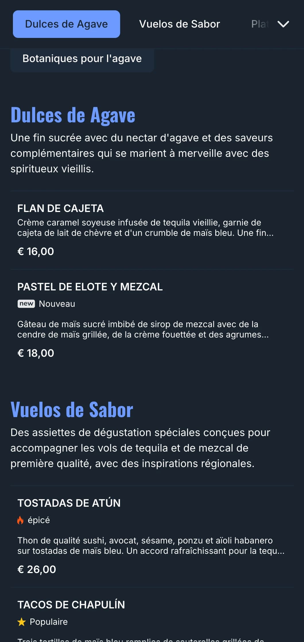 Menu de bar sophistiqué axé sur des offres de tequila et de mezcal de première qualité, avec des accents d'agave bleu, des éléments de fumée et des antojitos mexicains assortis.