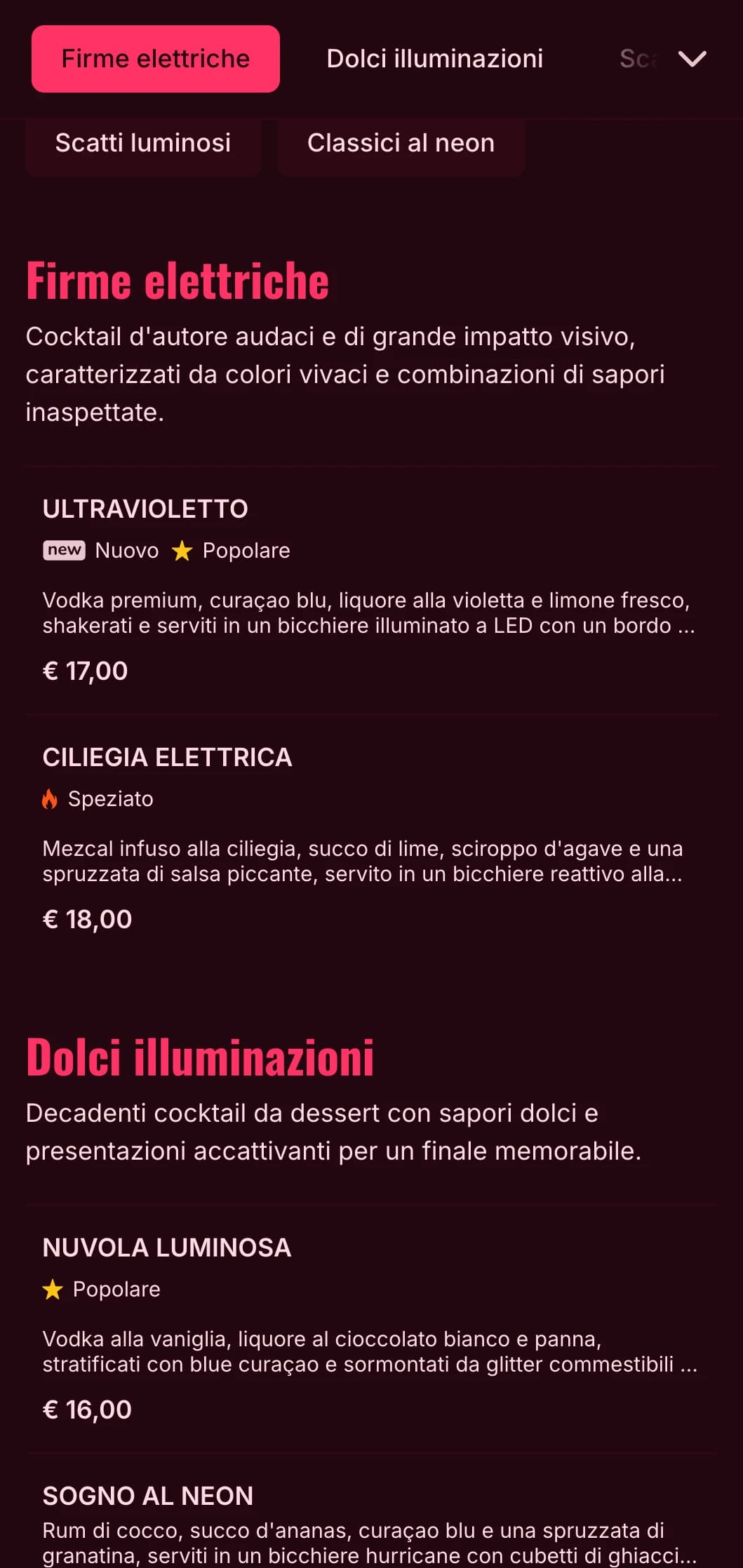 Un menu dal design audace e vibrante ispirato alla vita notturna al neon, perfetto per cocktail bar e locali notturni contemporanei.