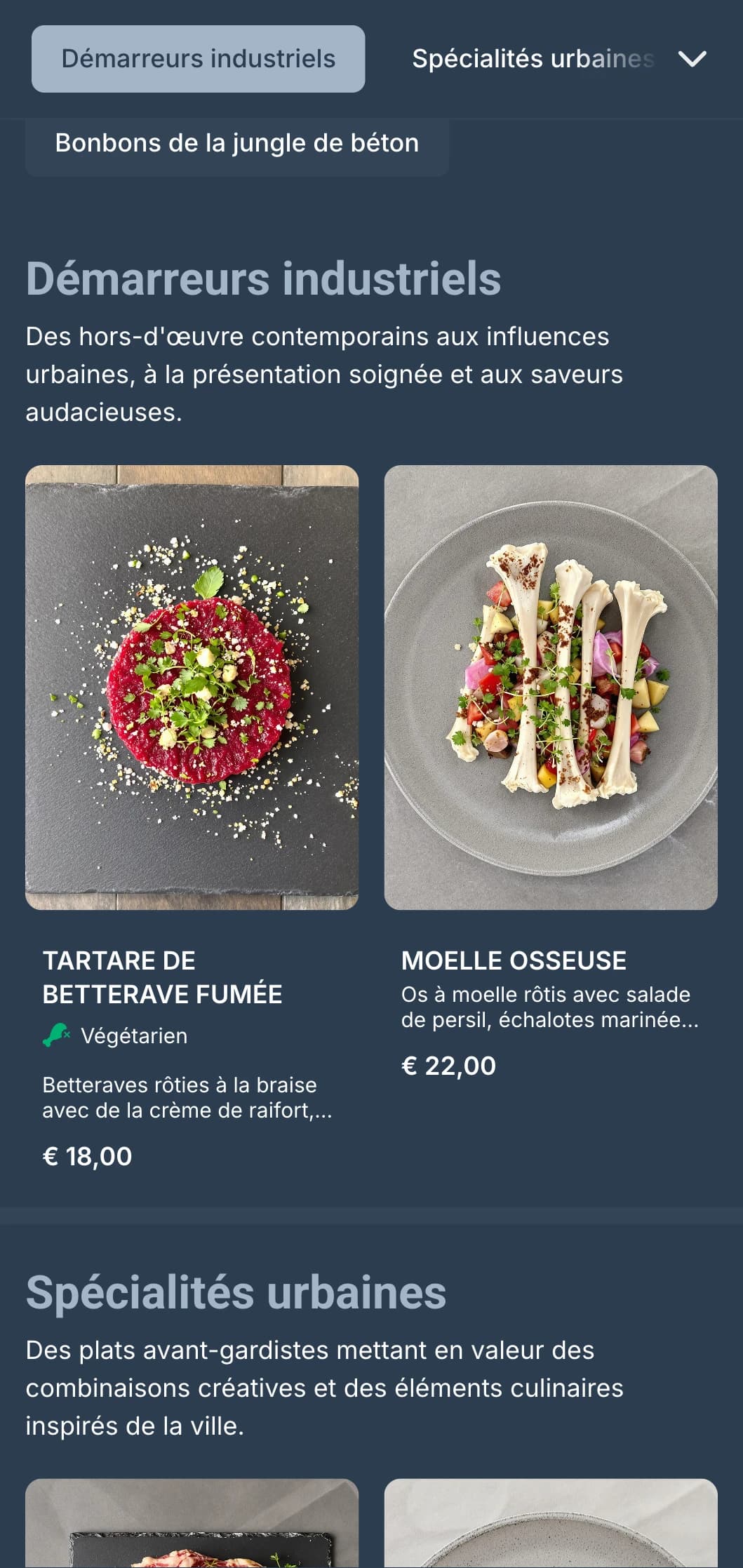 Un menu contemporain pour le dîner avec des éléments de design industriel et une esthétique urbaine, idéal pour les gastropubs urbains.