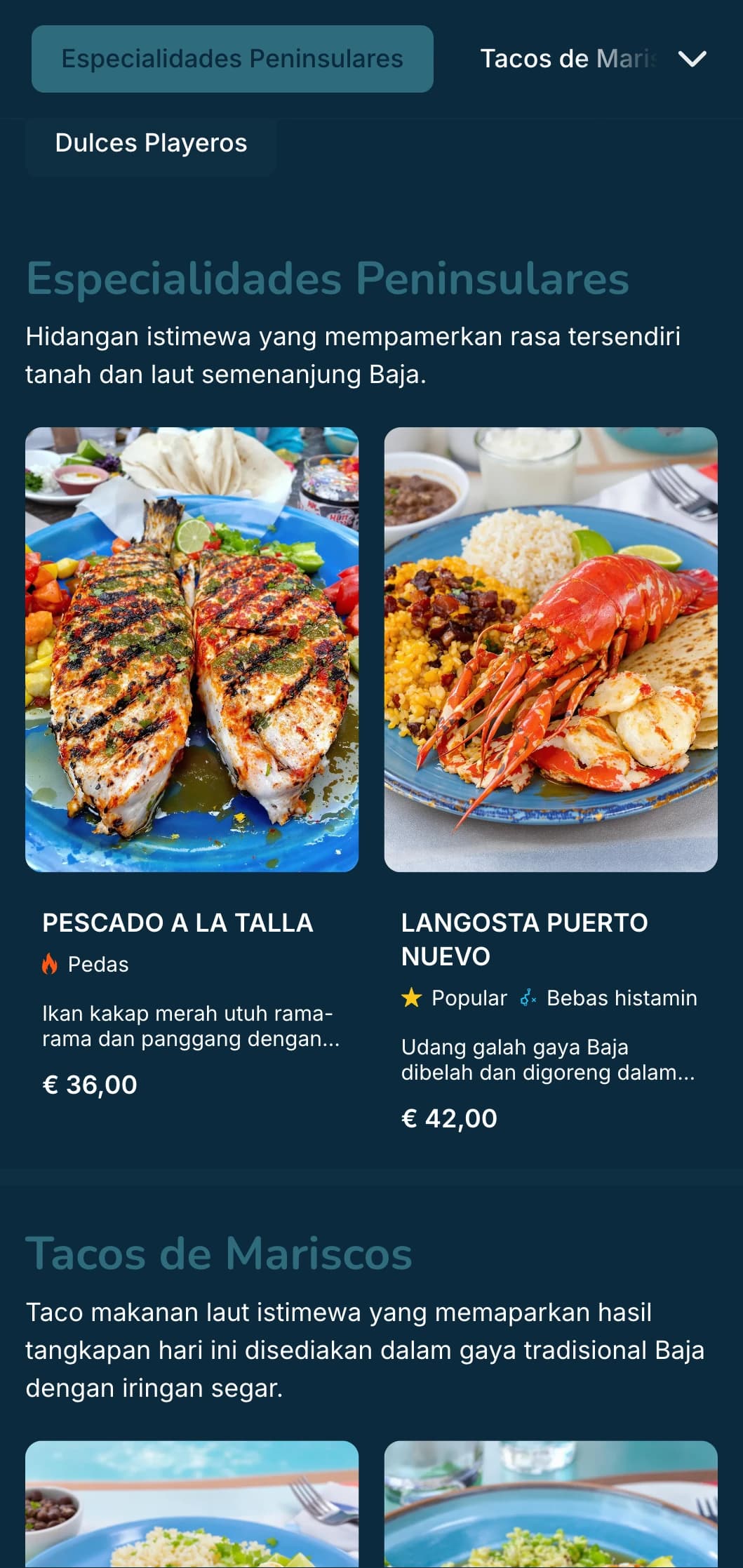 Menu ilham Baja yang ringan dan menyegarkan menampilkan taco makanan laut, bahan-bahan segar dan aksen biru pantai dengan suasana pantai moden.