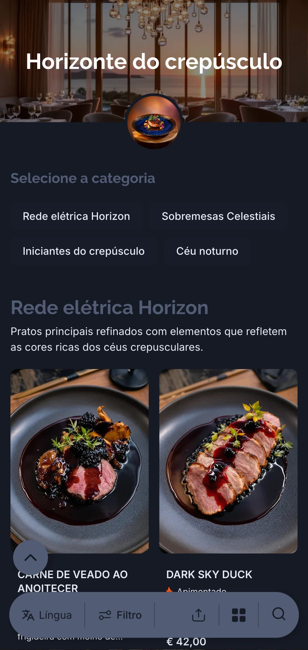 Conceito refinado de jantar noturno inspirado nas cores sofisticadas do céu ao entardecer e ao crepúsculo.