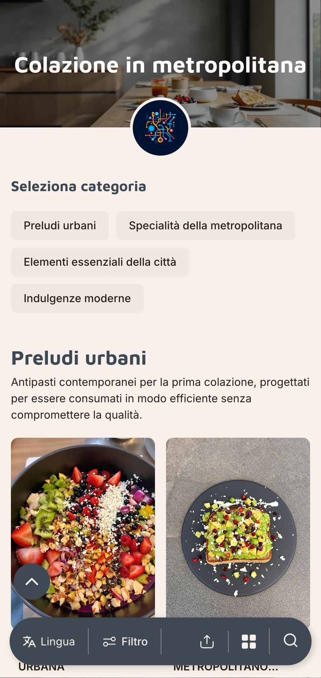 La cucina mattutina di ispirazione urbana con influenze internazionali e presentazione contemporanea per i clienti cosmopoliti.