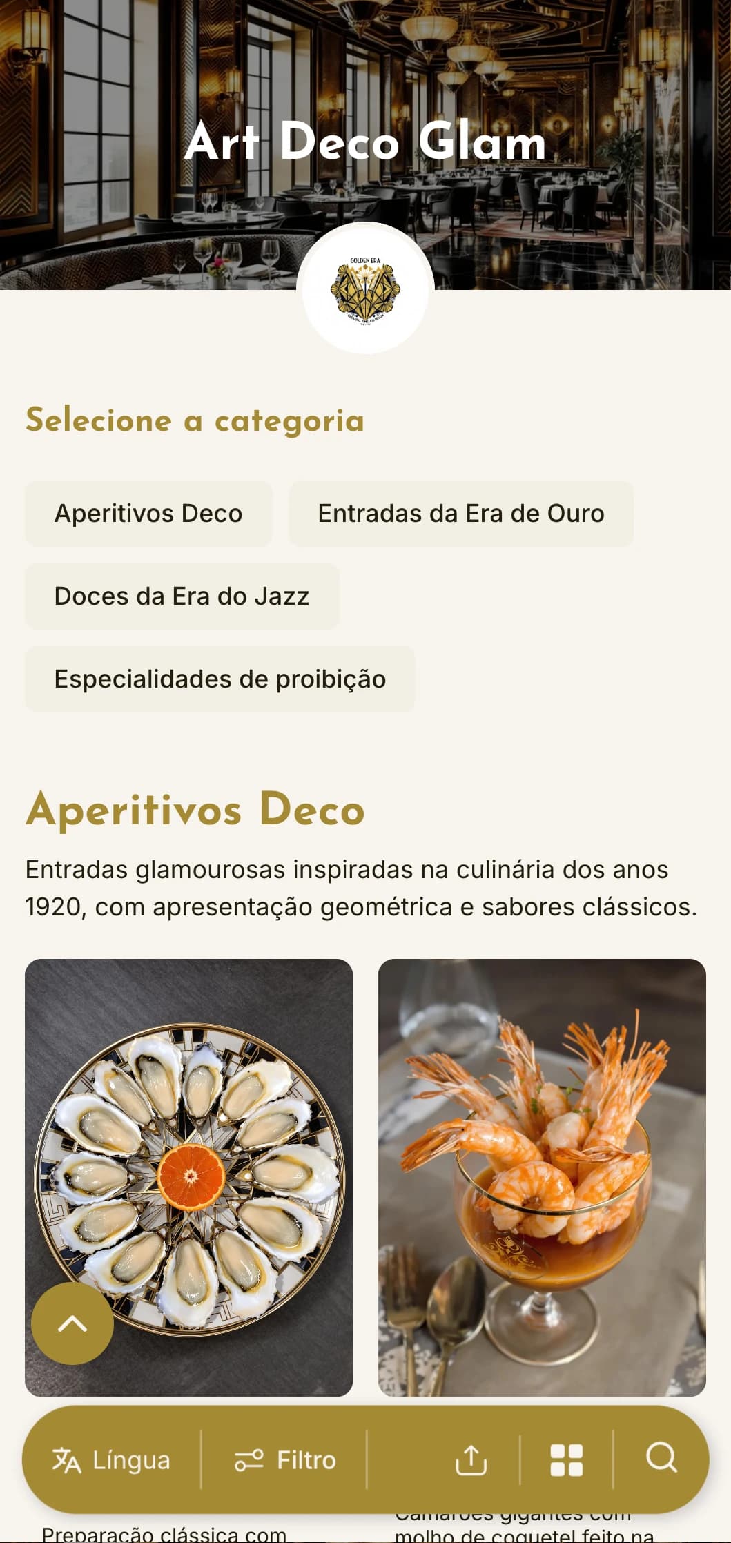 Um menu de jantar glamouroso inspirado na década de 1920, com padrões geométricos e detalhes metálicos, ideal para estabelecimentos com estilo vintage.