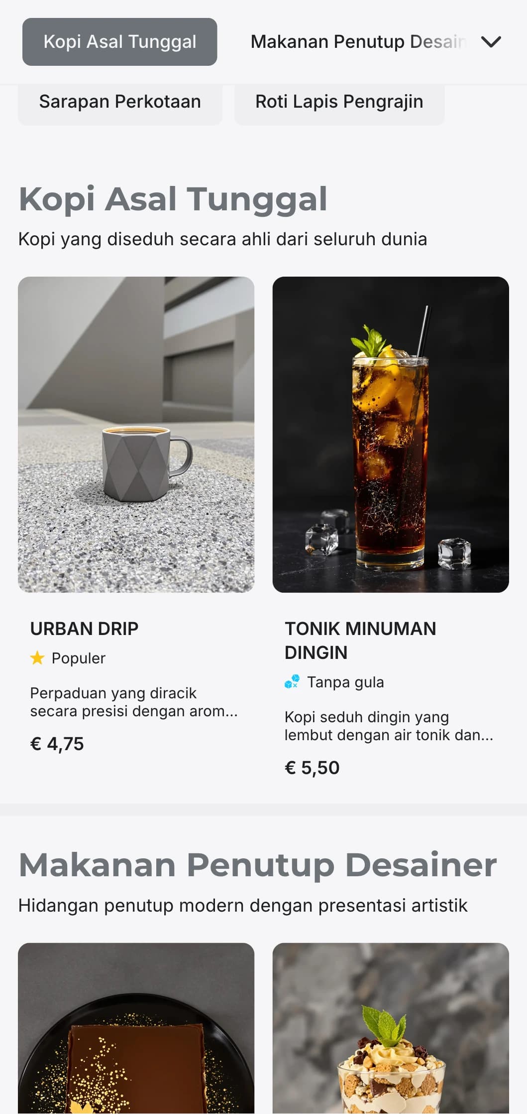 Desain minimalis yang ramping dengan tipografi yang bersih untuk kafe perkotaan kontemporer.