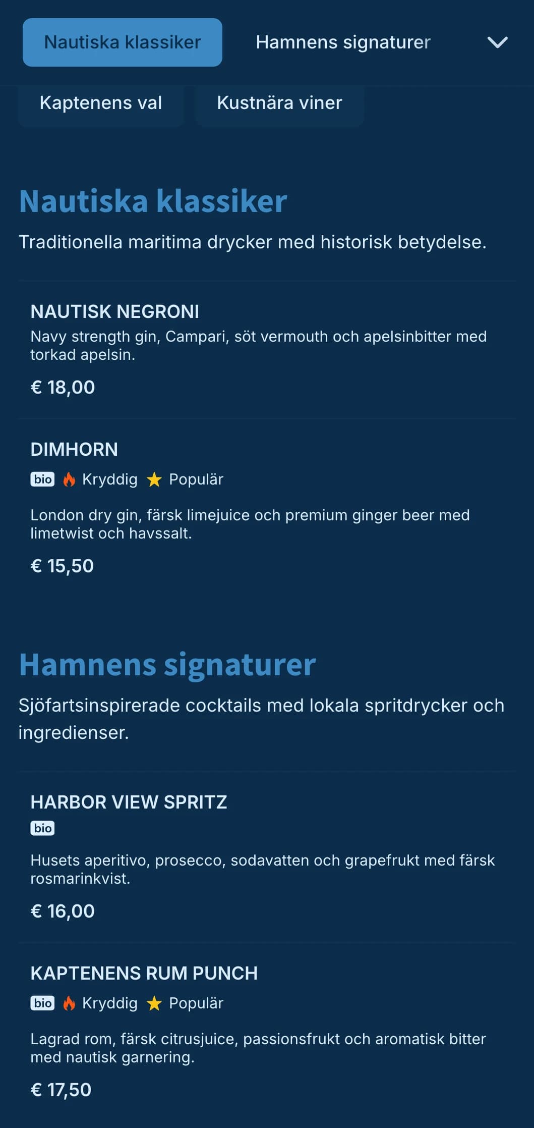 Nautisk blå design med subtila maritima element för cocktailbarer vid vattnet.